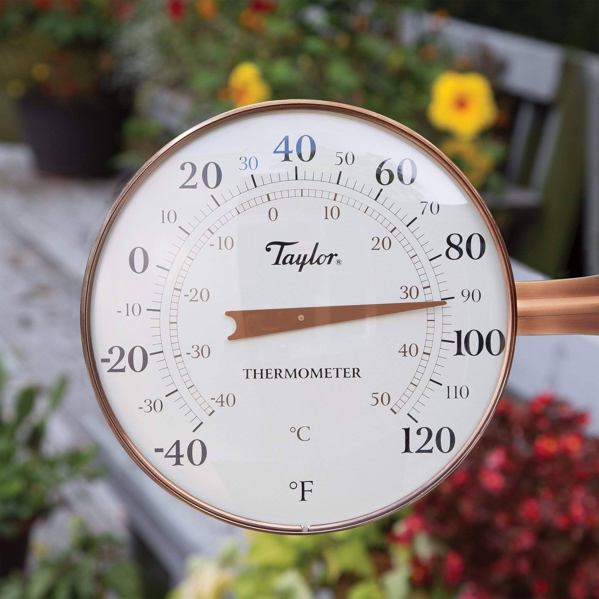 TY 8.5-inch copper finish dial thermometer back view