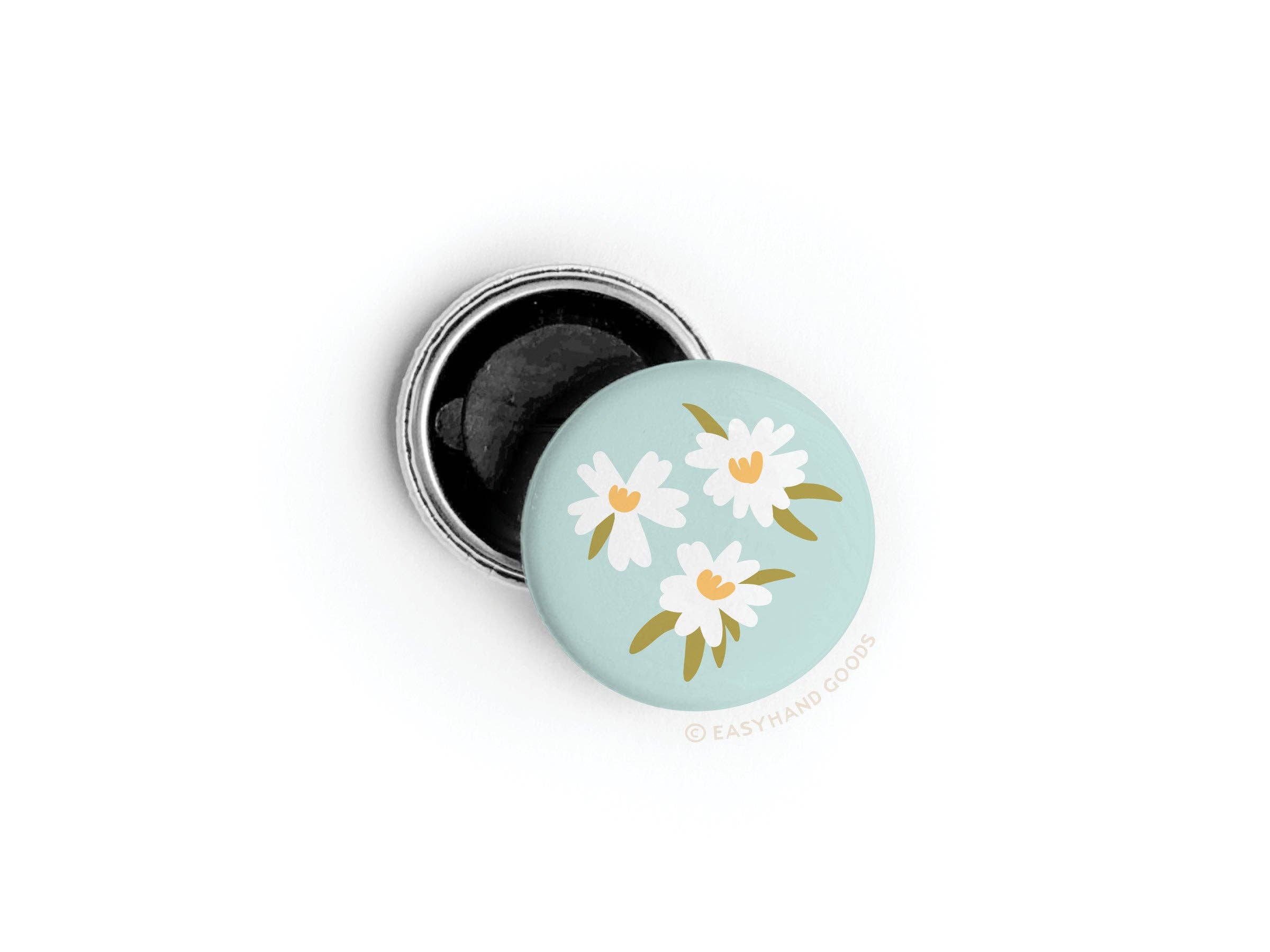 White Flowers button pin on display