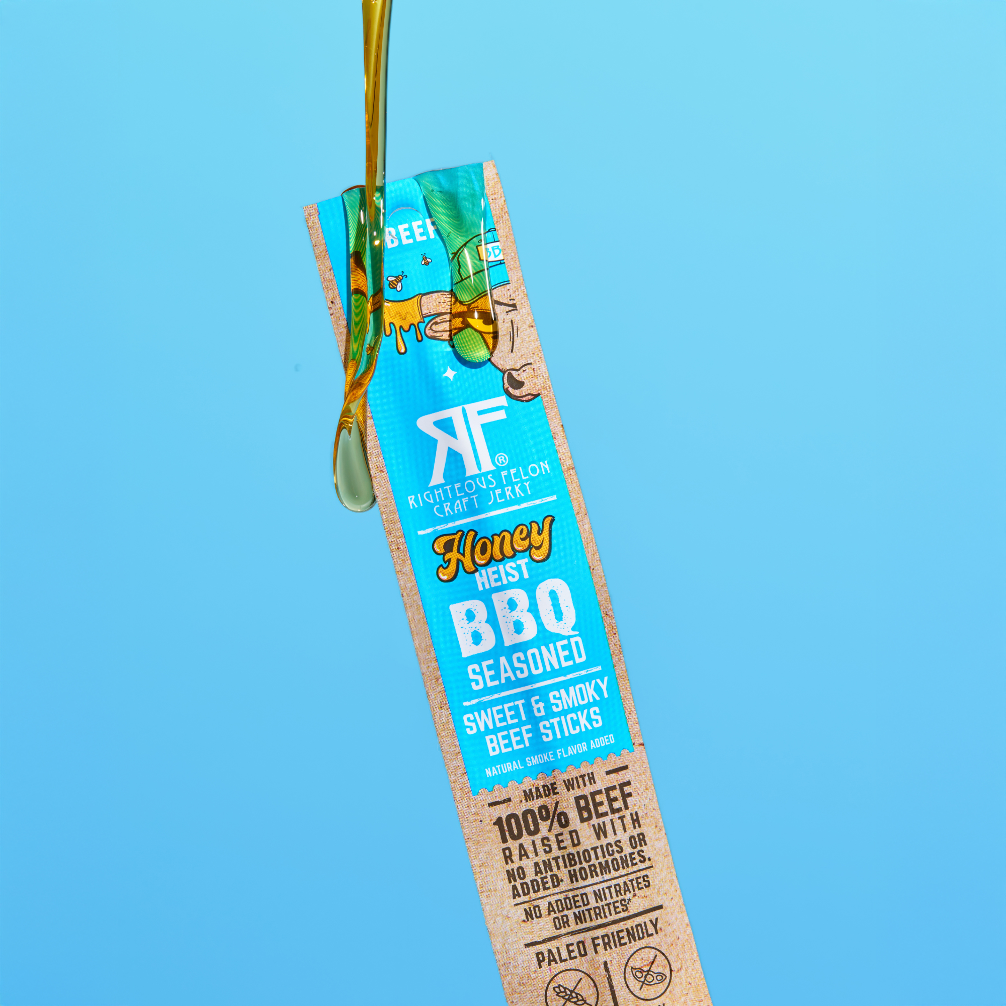 Righteous Felon Honey Heist BBQ Beef Stick unwrapped