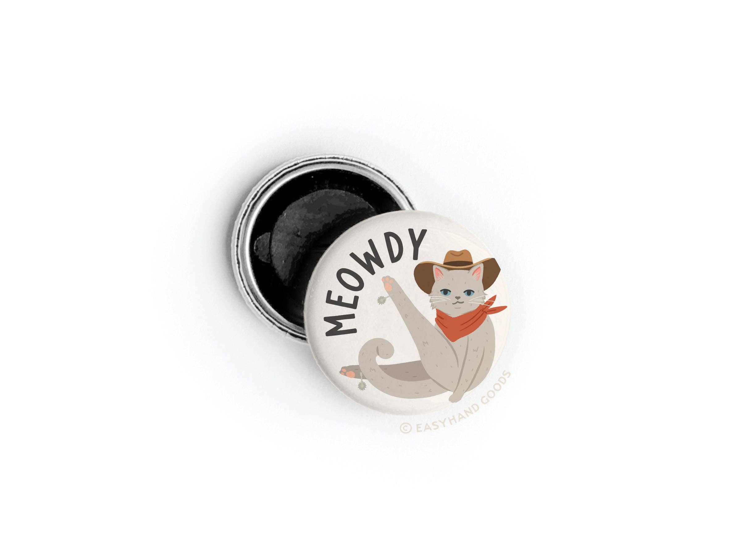 Meowdy button pin on display