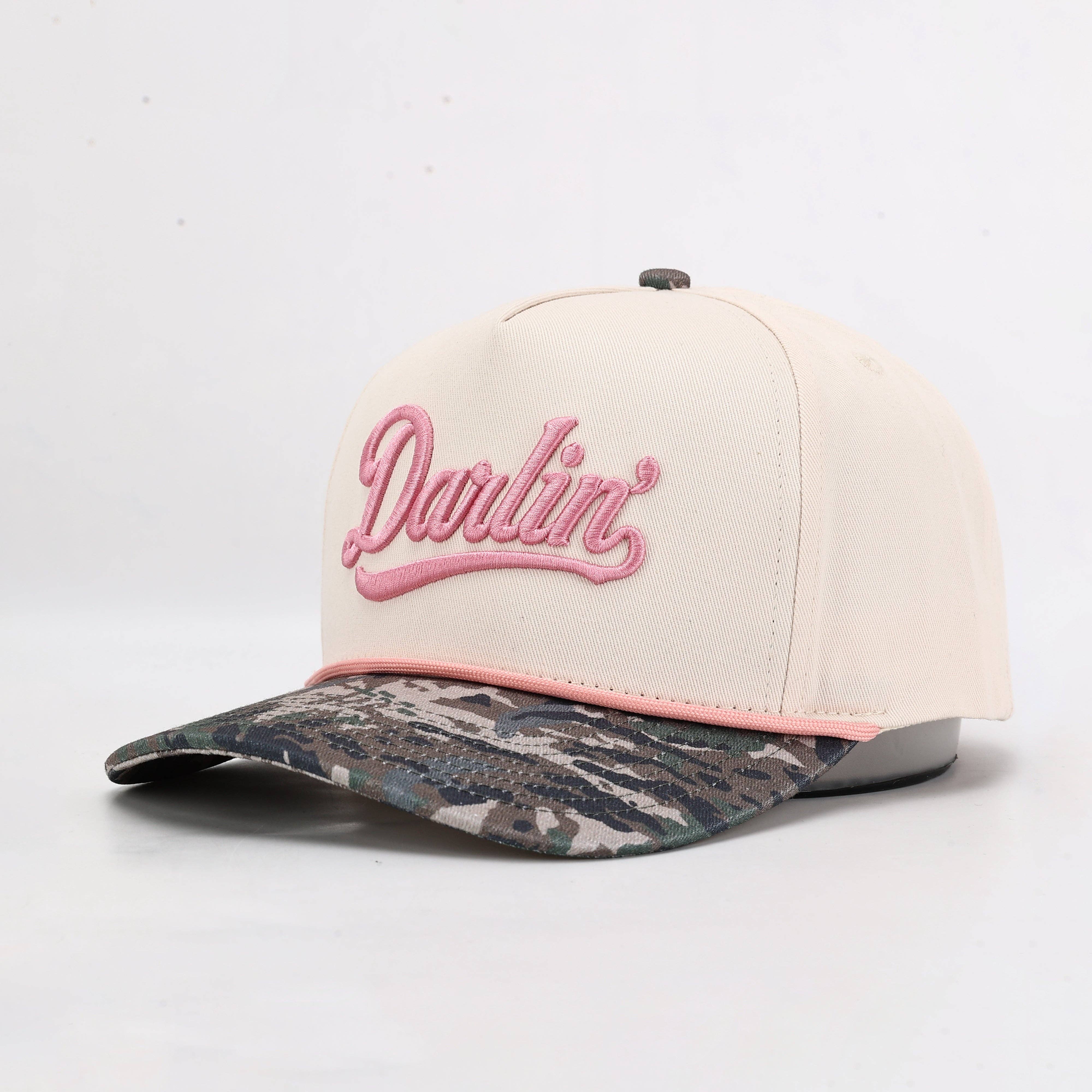 Darlin' Script Hat in cream with camo bill side view