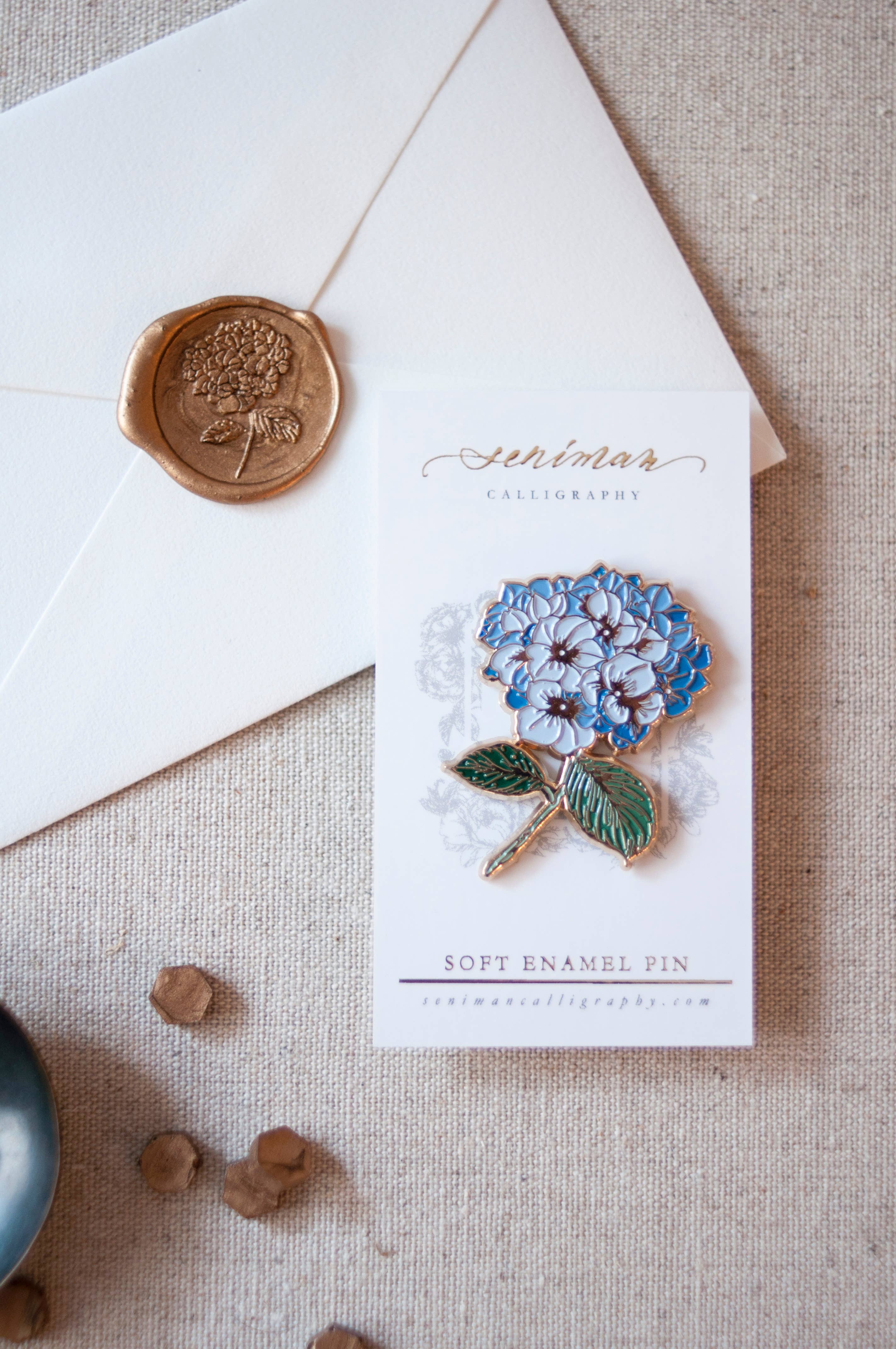 Hydrangea gold soft enamel pin on packaging card