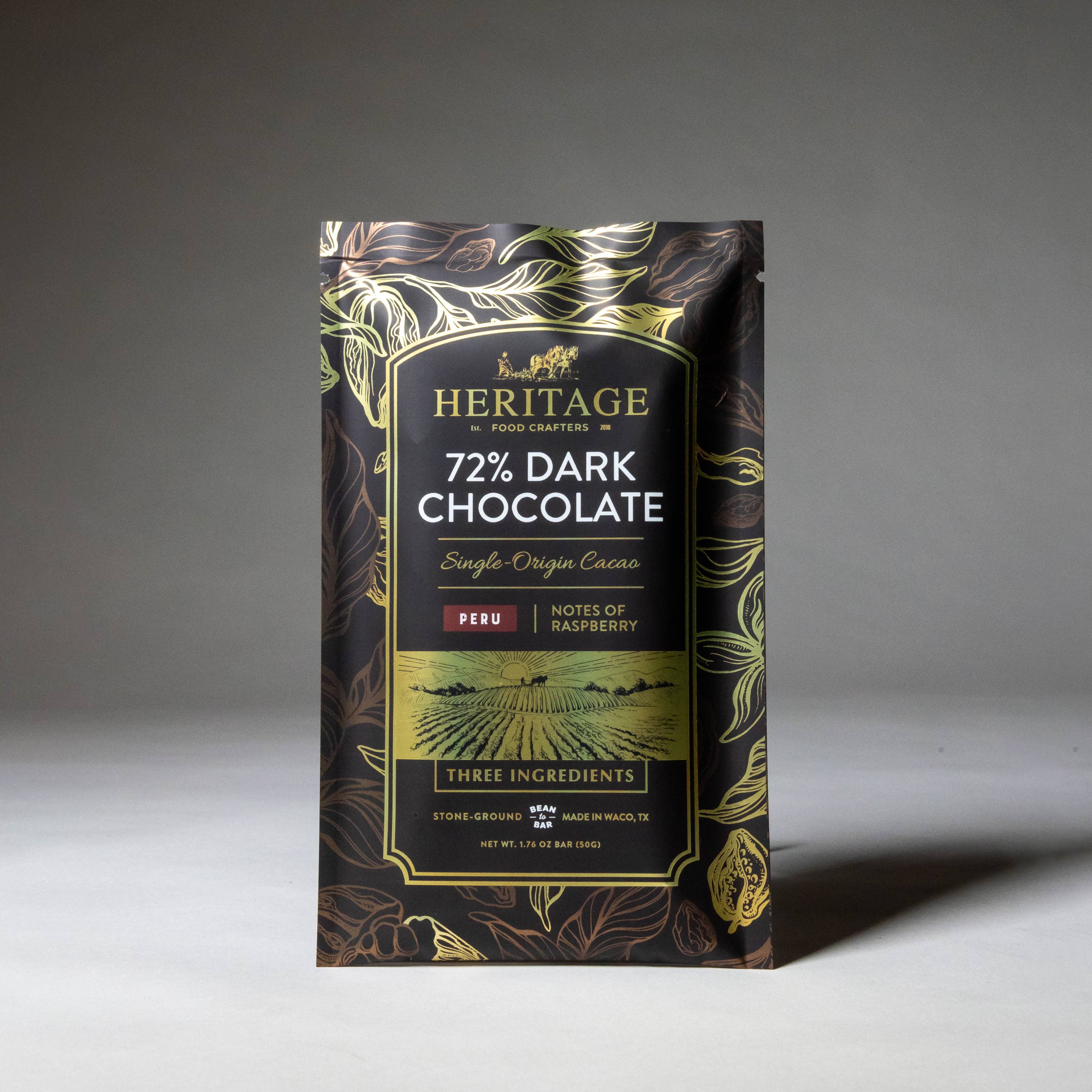 72% Peru Dark 50g craft chocolate bar packaging