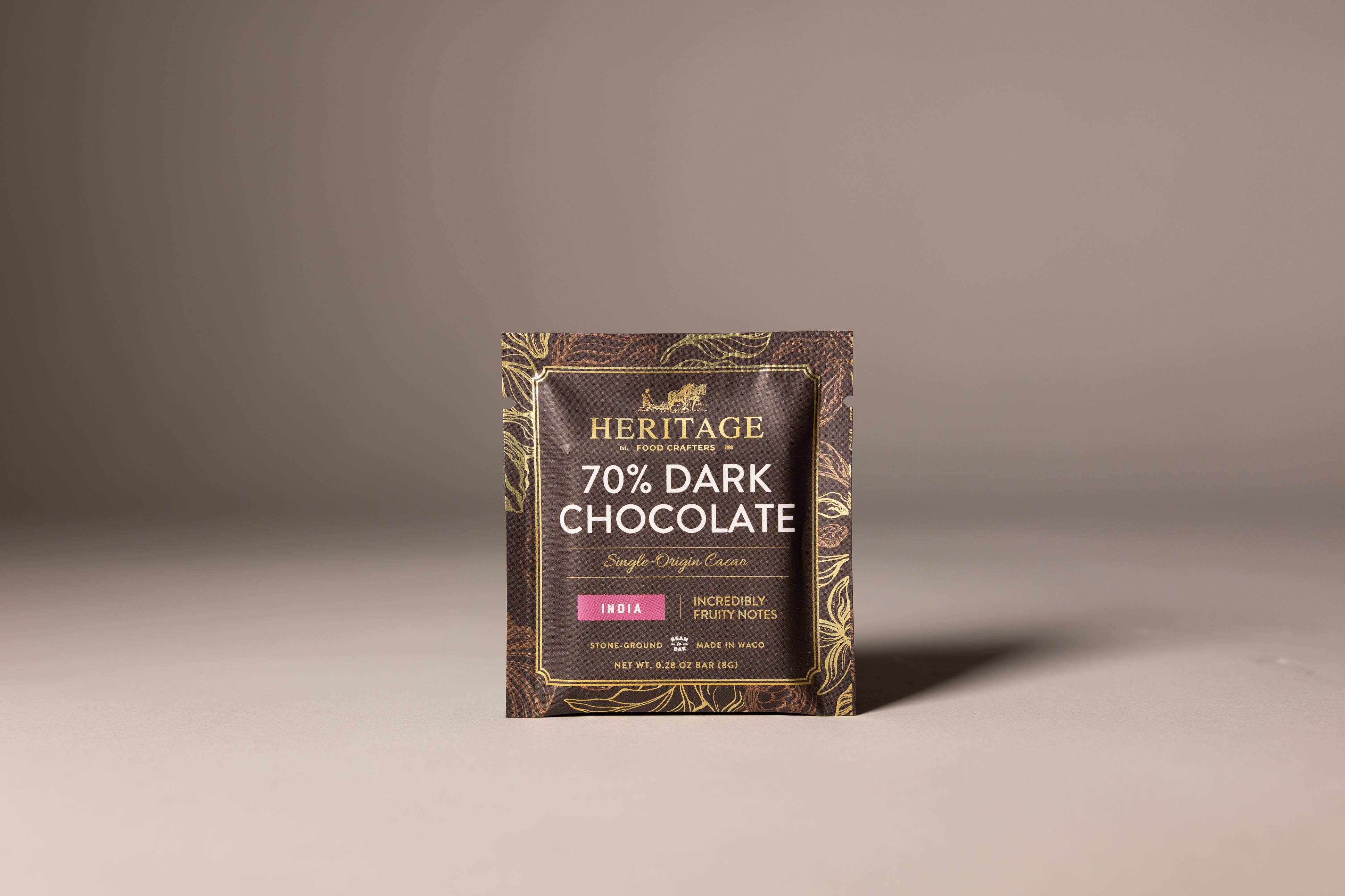 70% India Dark craft chocolate 8g bar wrapped