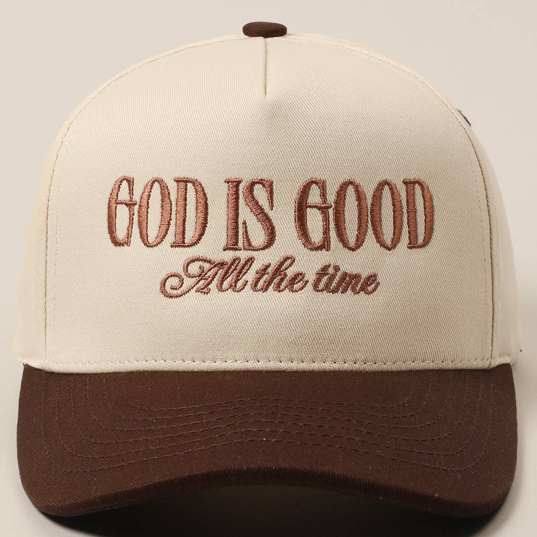 God Is Good All The Time embroidery trucker hat front view