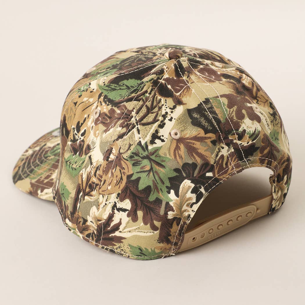 Personalized camo cap with embroidered city and state text