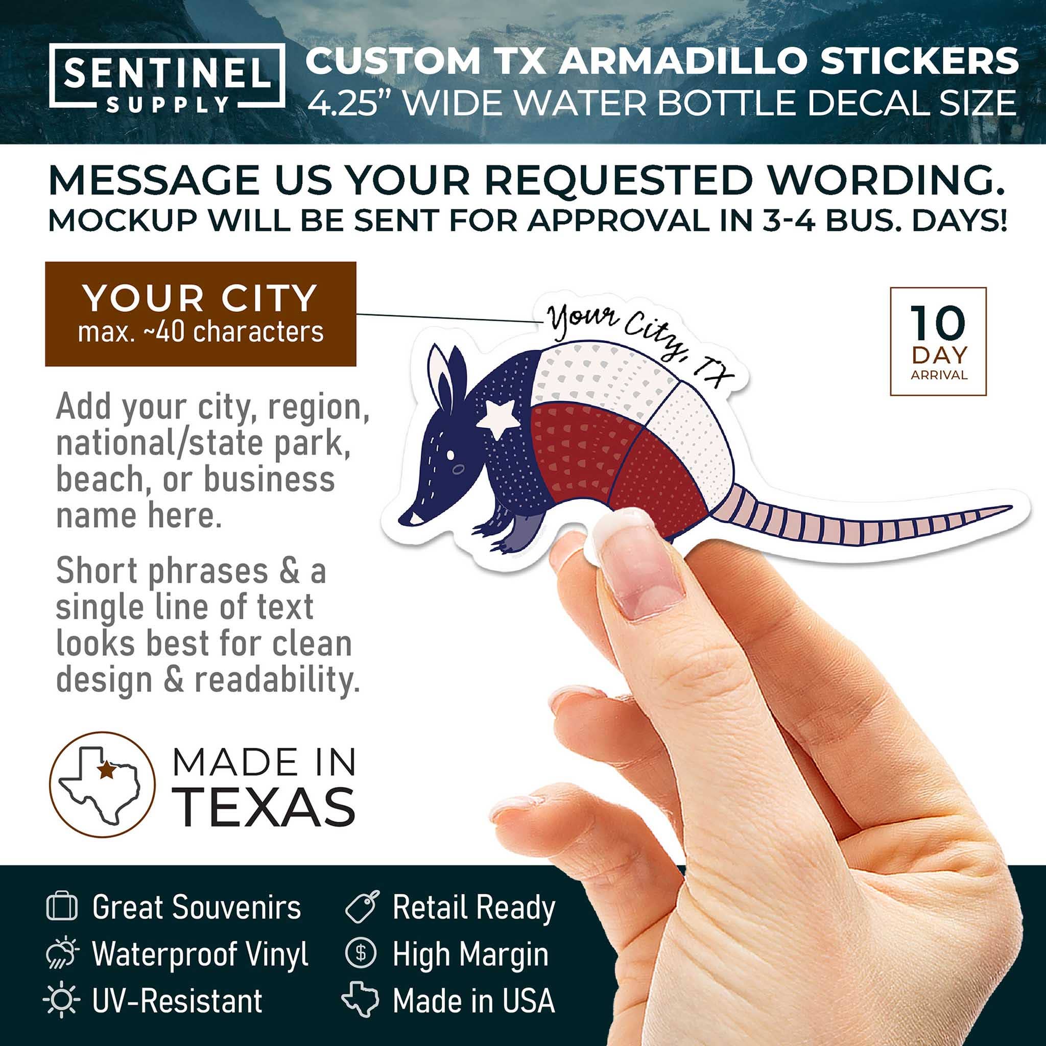 Custom Texas Armadillo Sticker - TX Name Drop Decal