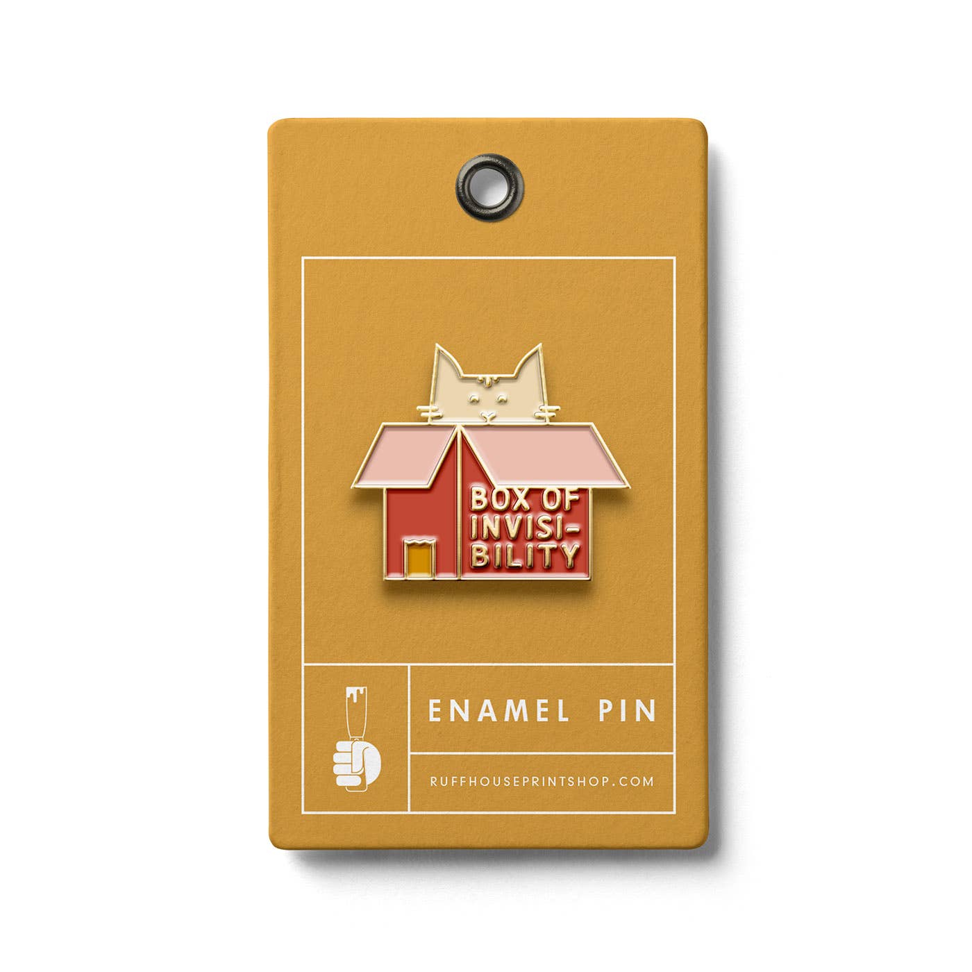 Cat in Box enamel pin with cat sitting in box