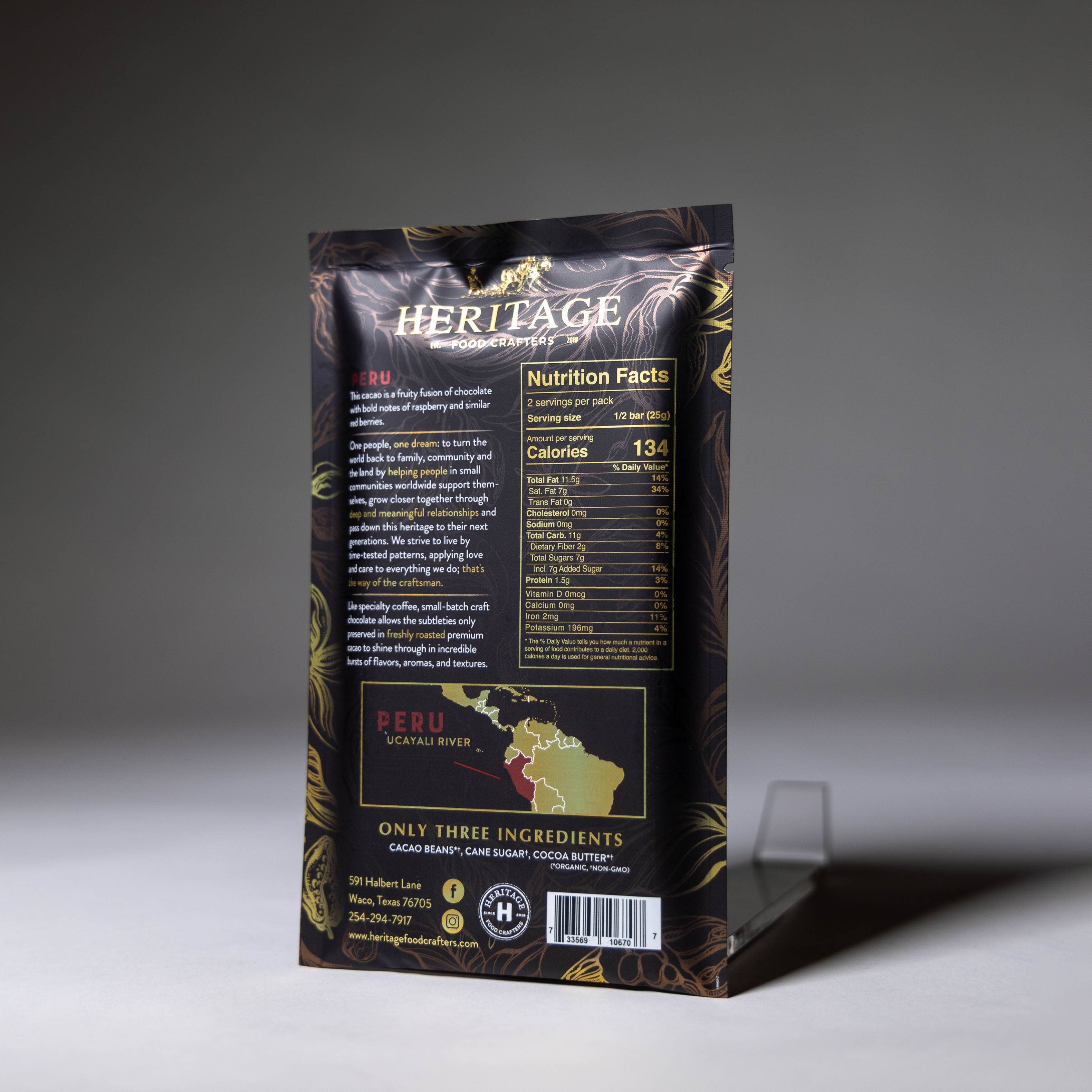 72% Peru Dark 50g craft chocolate bar close-up