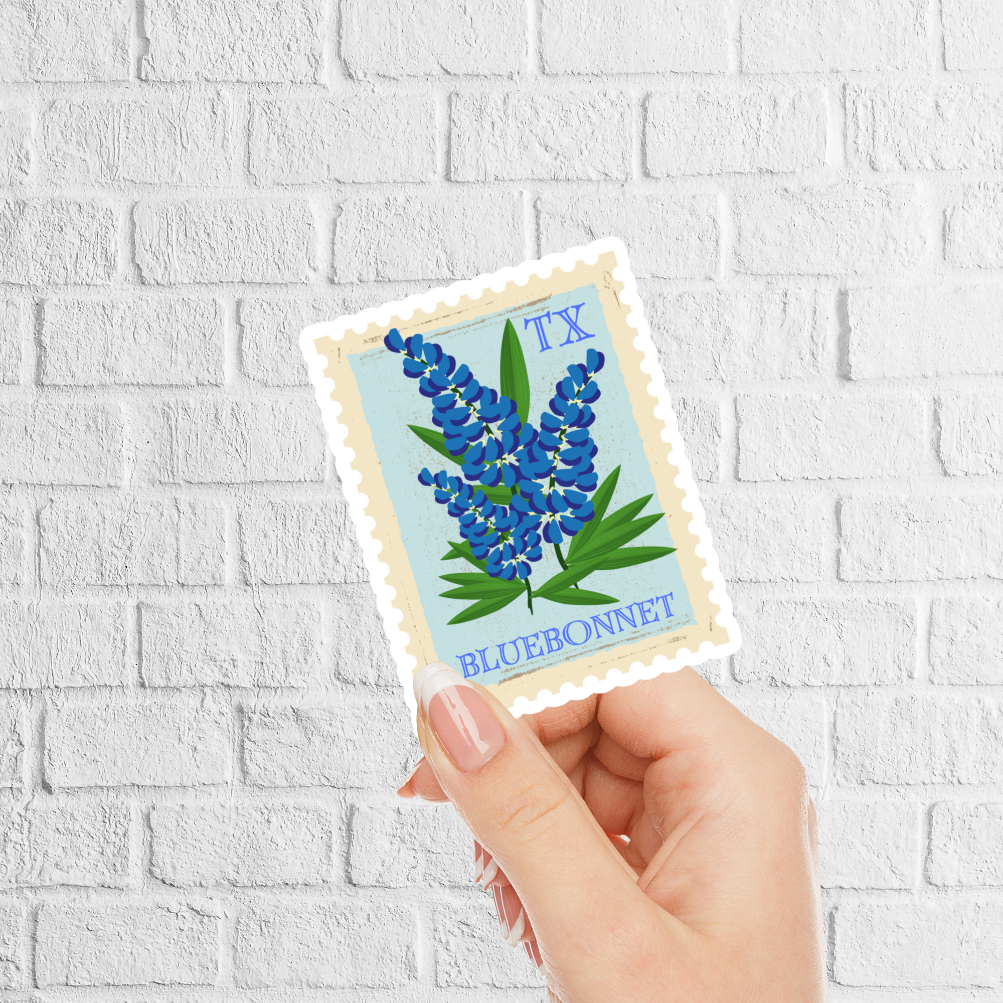Texas Bluebonnet Stamp Sticker shown on surface