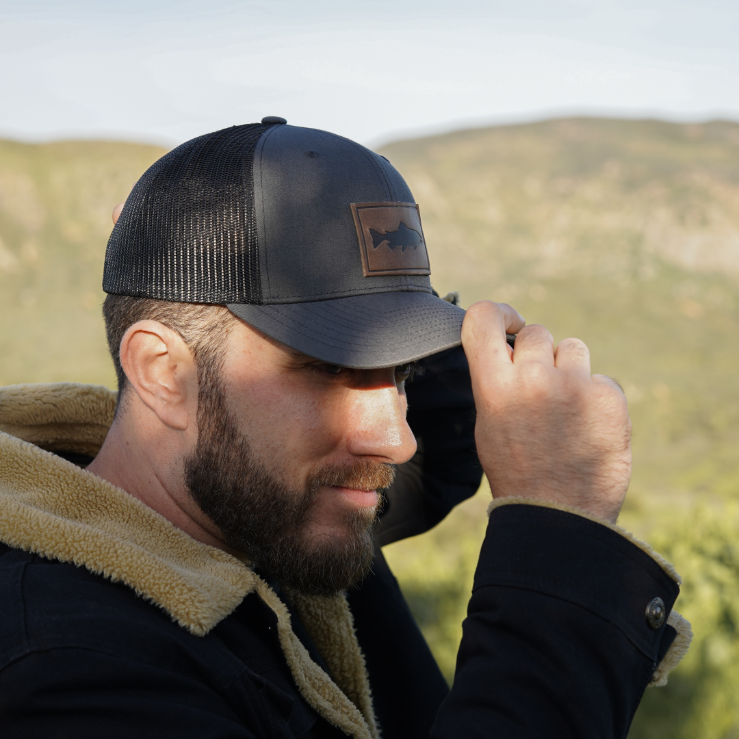 Trout Hat leather patch trucker cap back mesh detail
