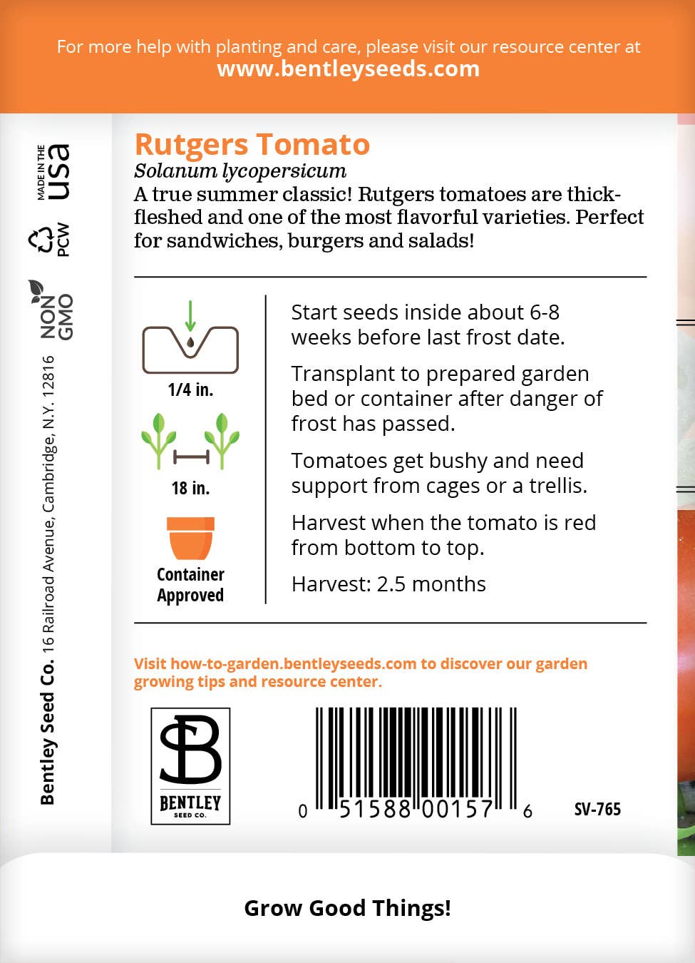 Brim Seed Co. Rutgers Tomato seed packet back with details