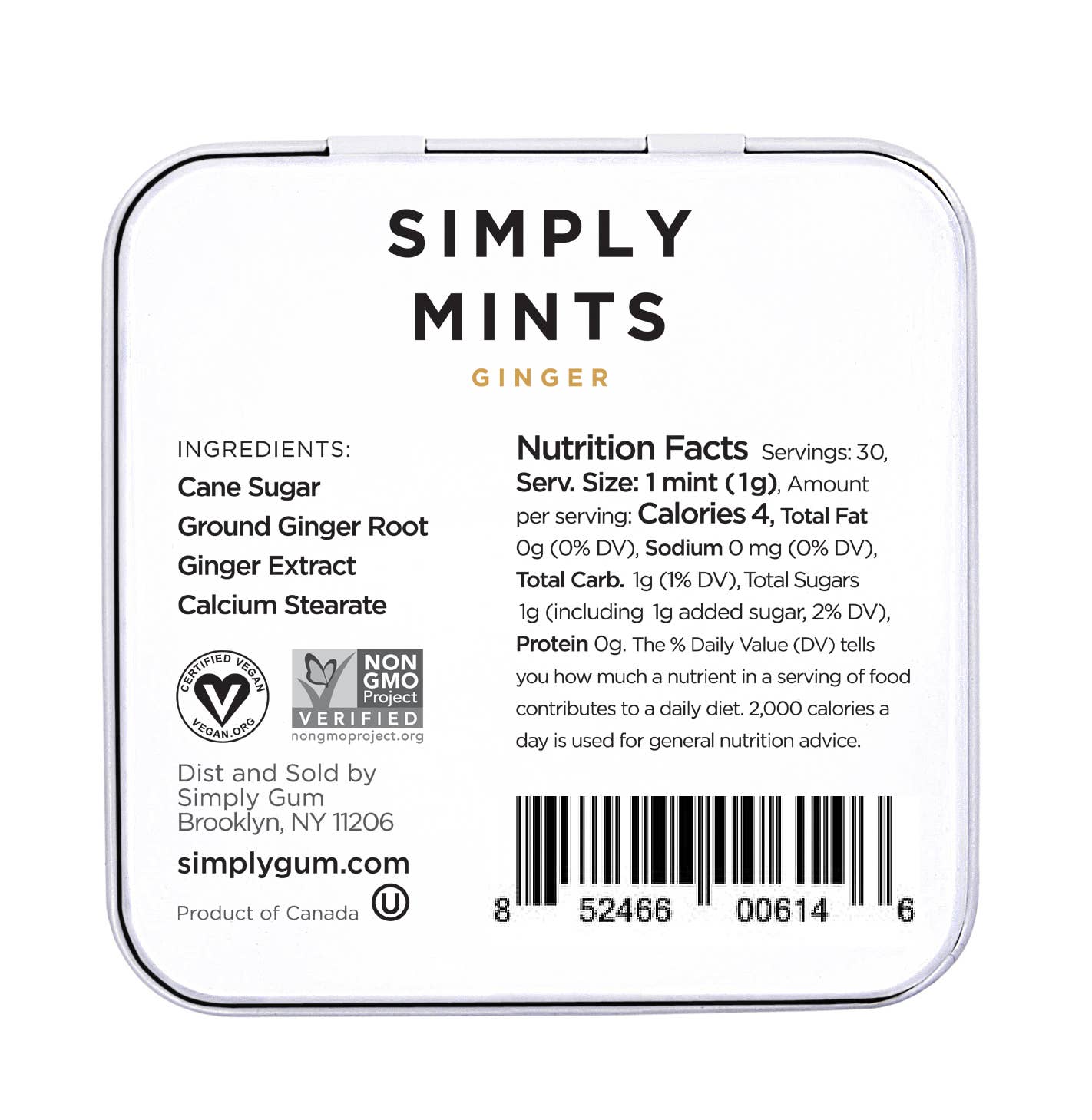 Simply Mints Ginger pack ingredients and details