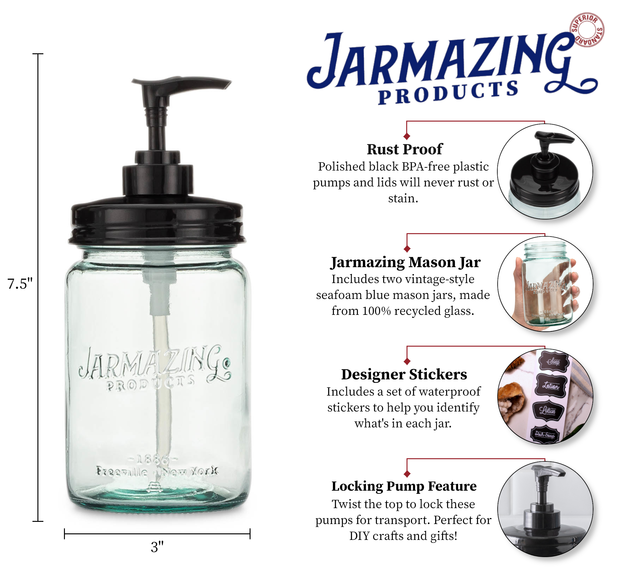 Blue glass mason jar soap dispenser close-up of pump