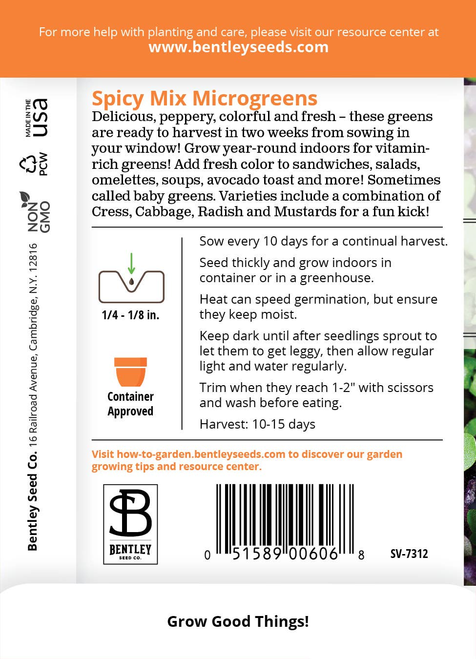 Microgreens Spicy Mix seed packet back with instructions
