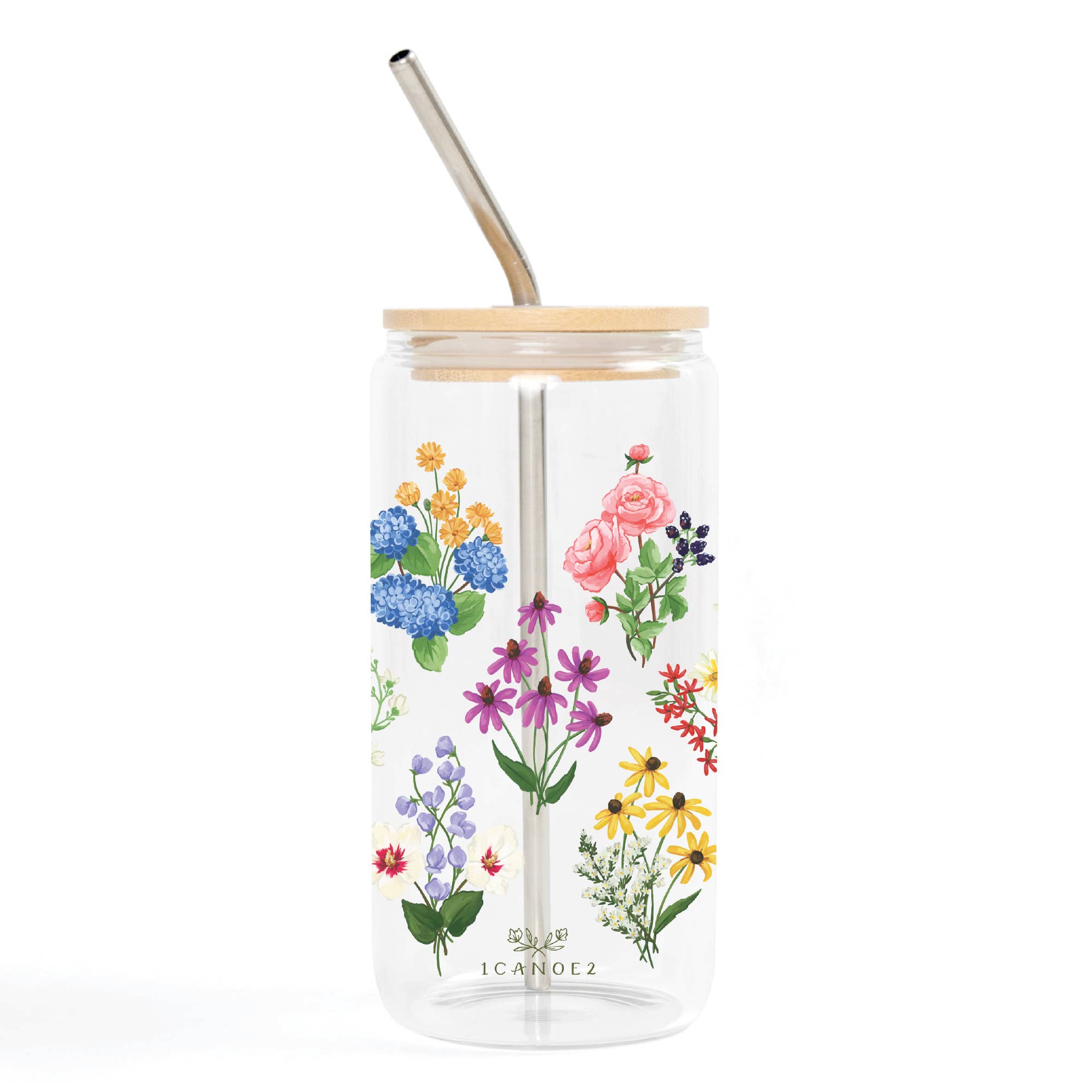 Vintage Blooms floral glass can tumbler side view