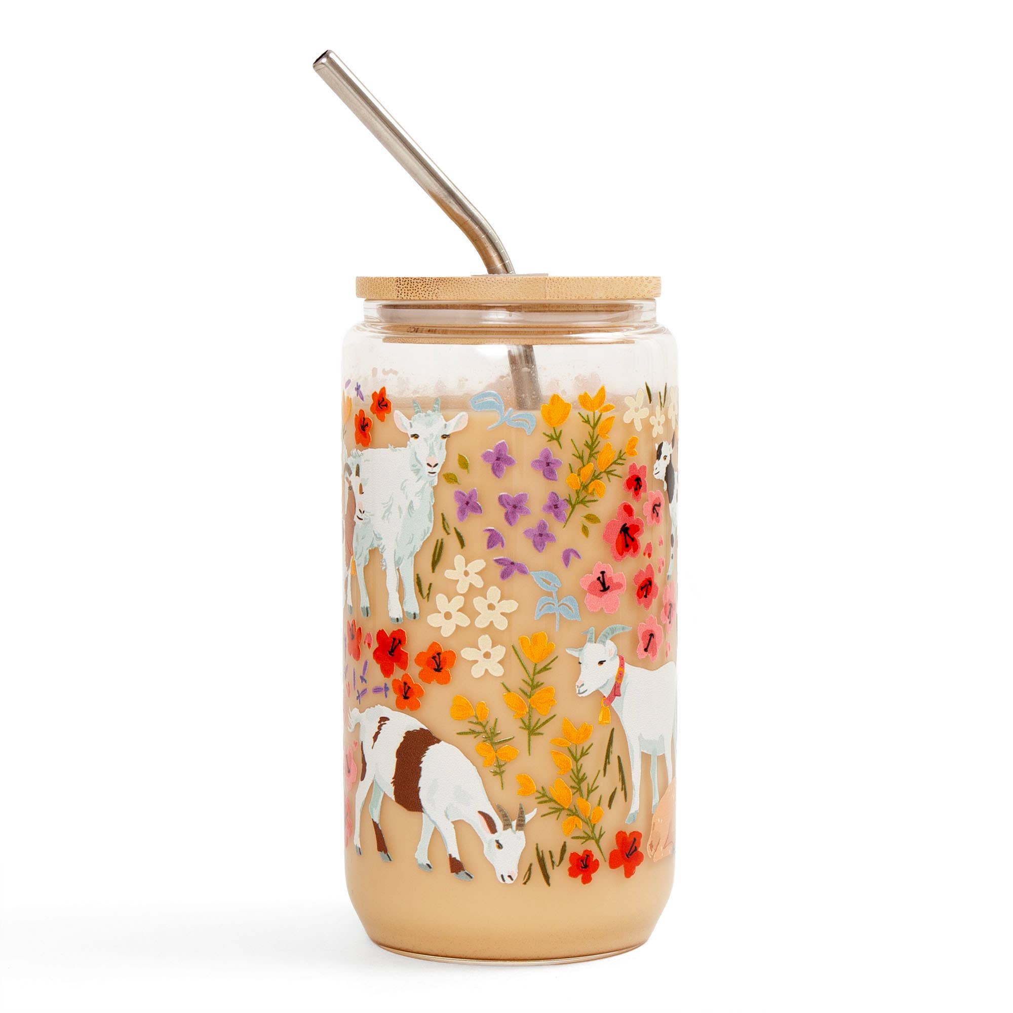 Goats and flowers glass can tumbler with bamboo lid