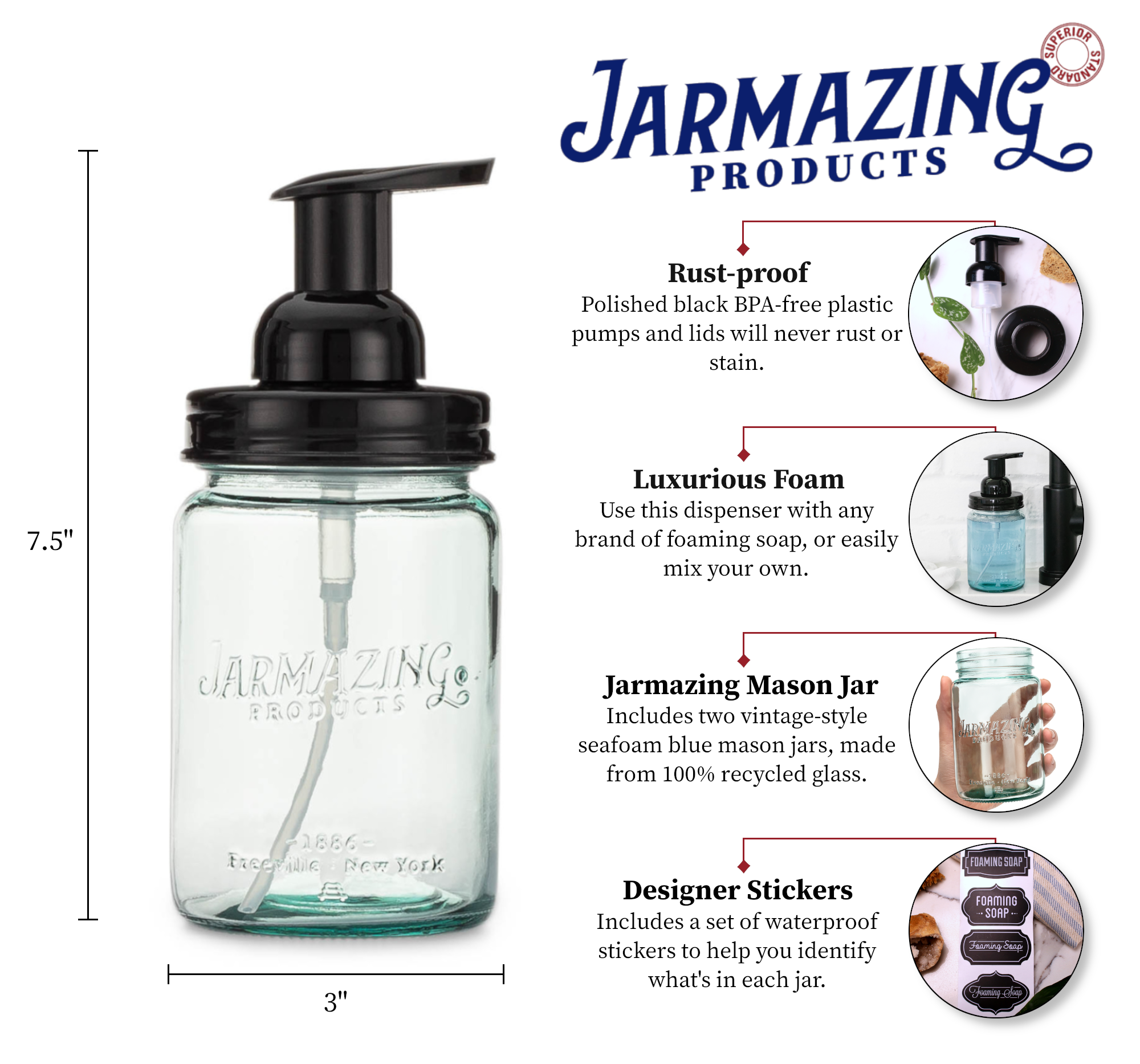 Blue glass mason jar foaming dispenser pump close-up
