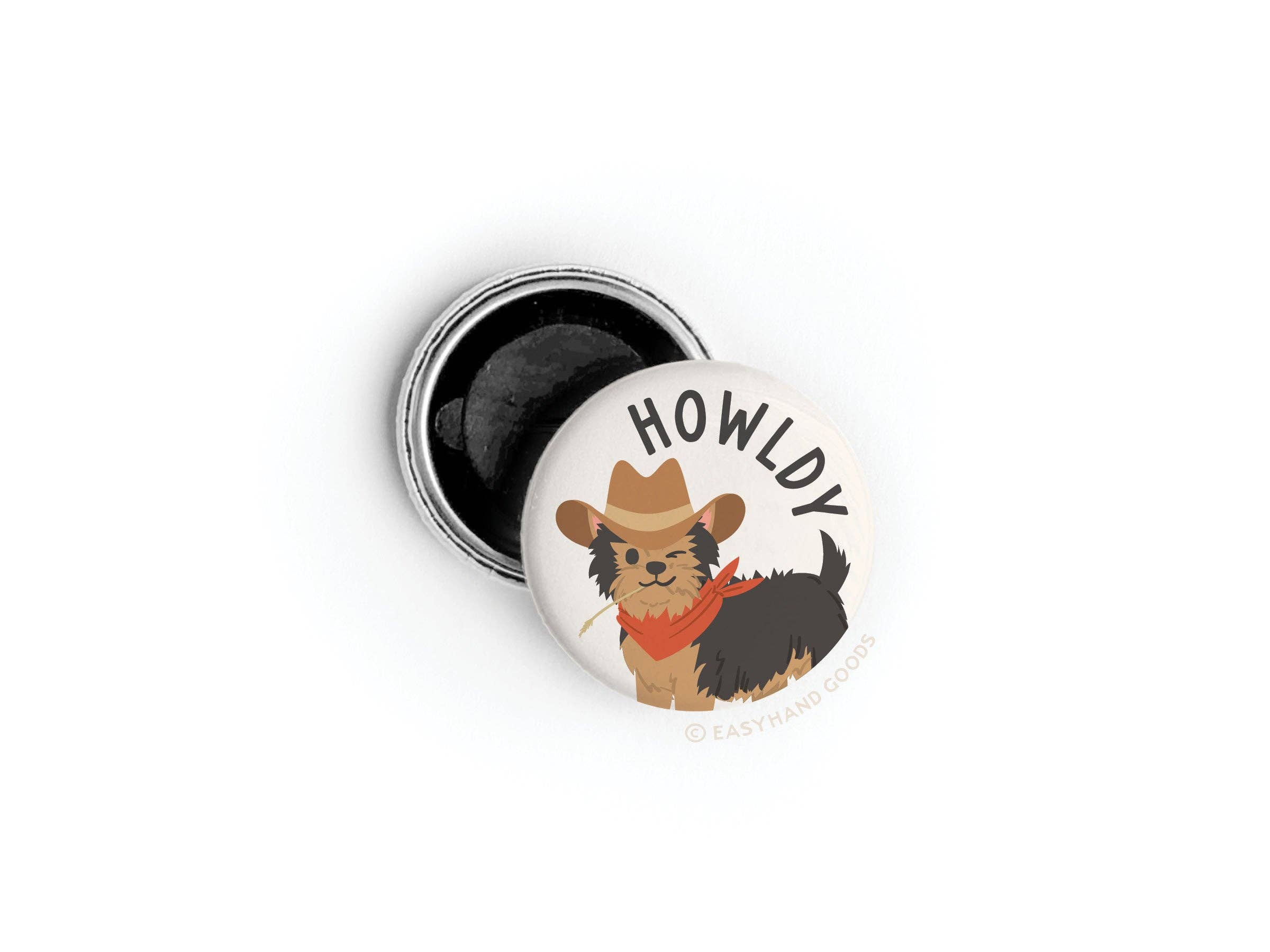 Howldy button close-up showing howling dog design