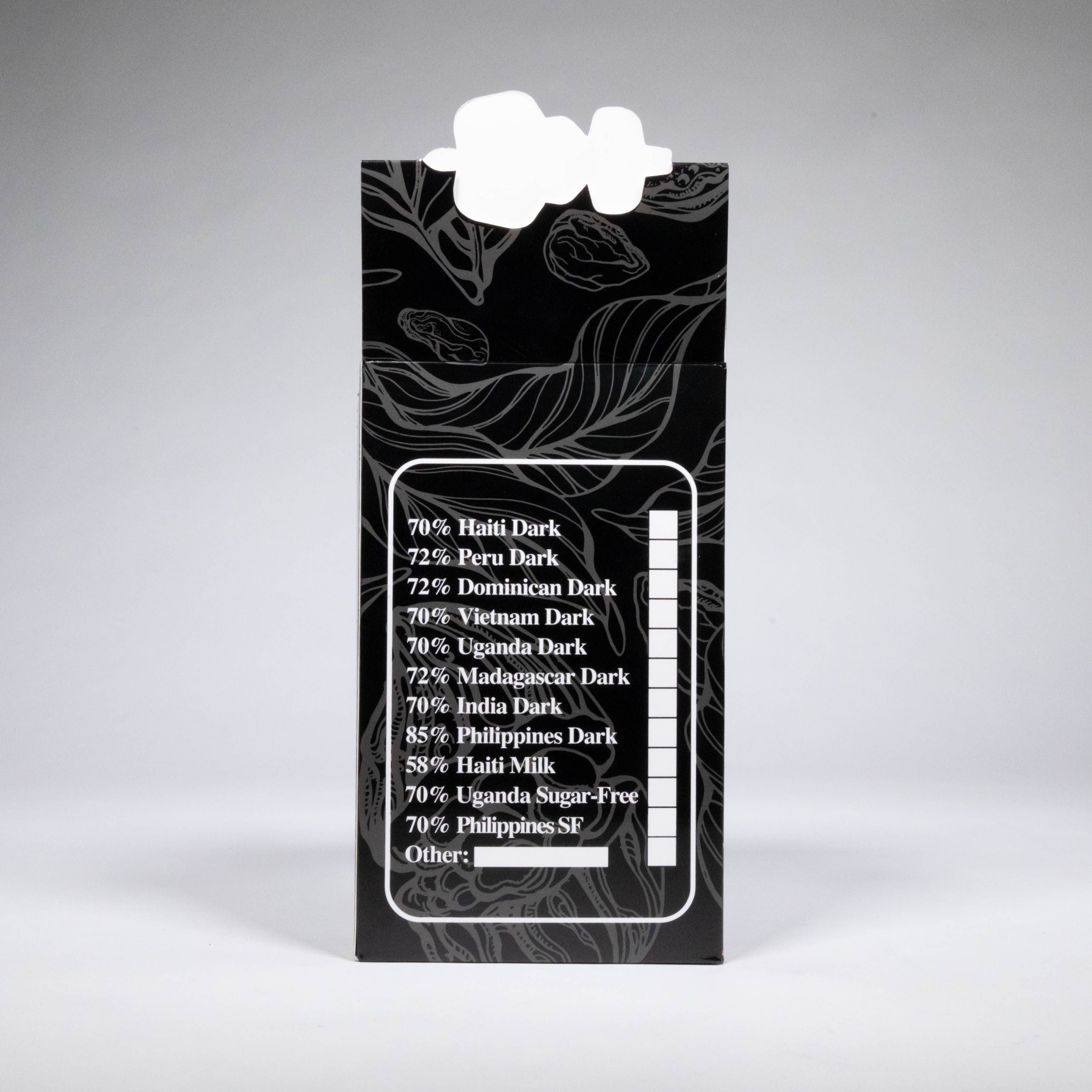 70% India Dark 50g craft chocolate bar back label
