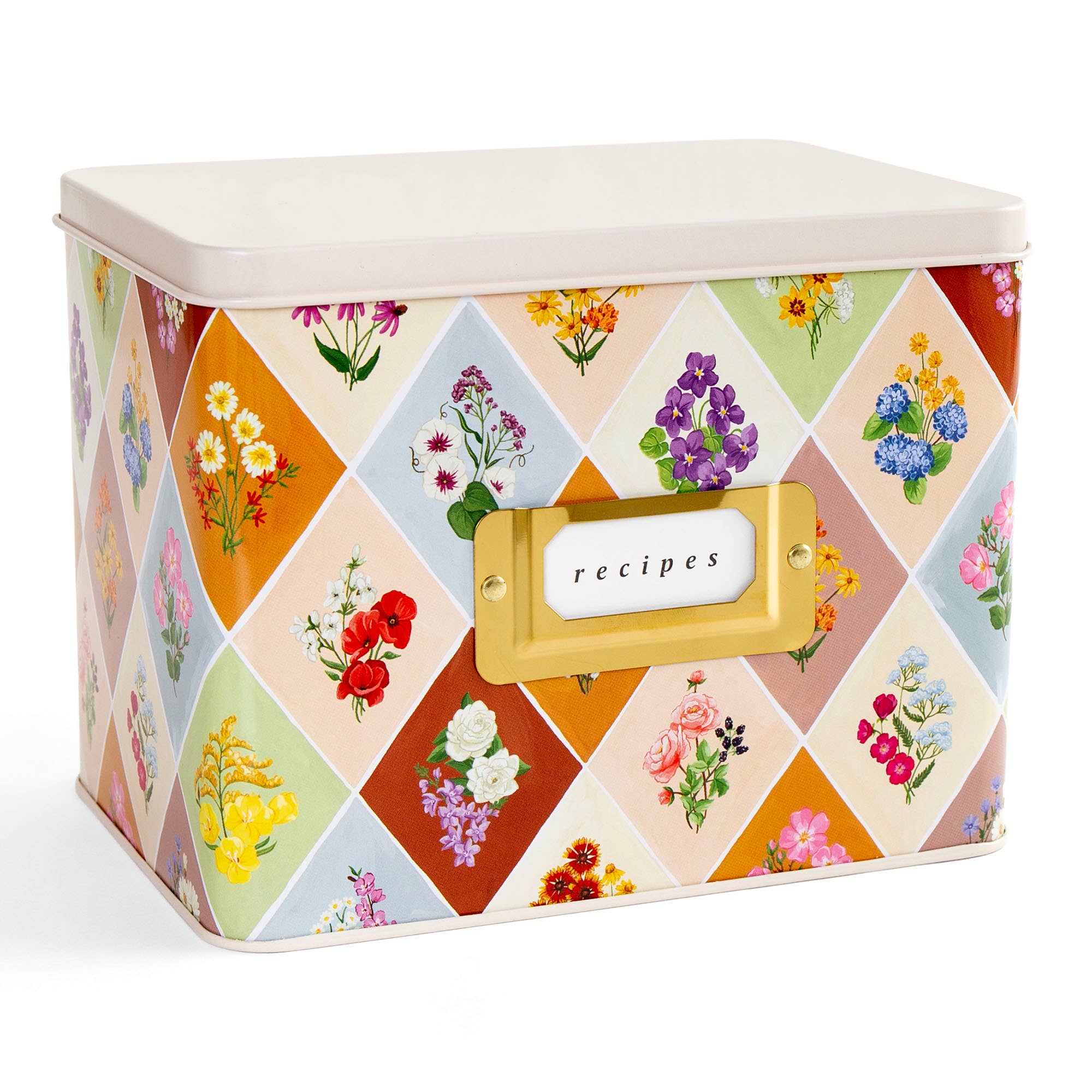 Vintage Blooms Floral Tin Recipe Box with Cards