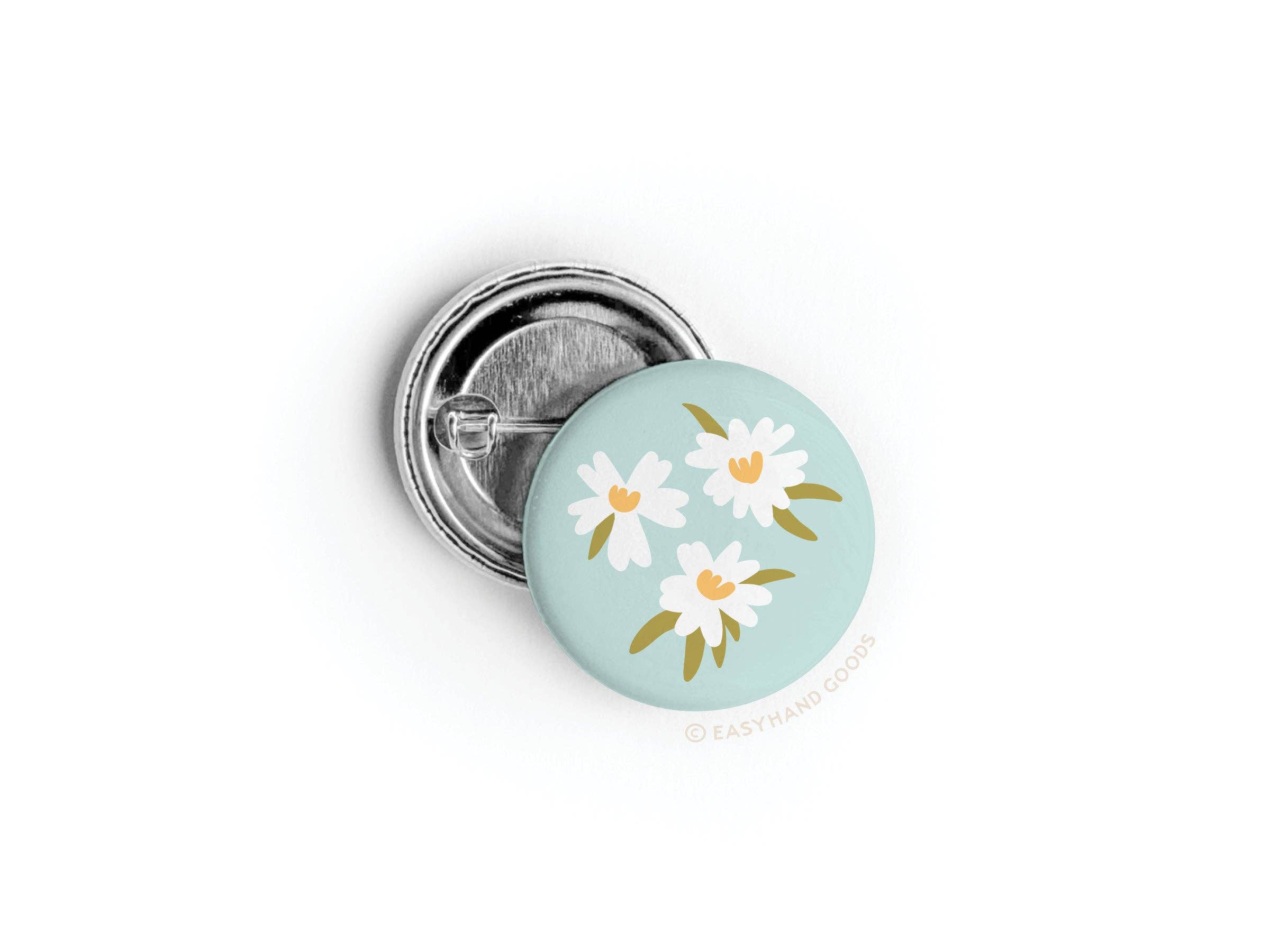 White Flowers button pin close-up detail