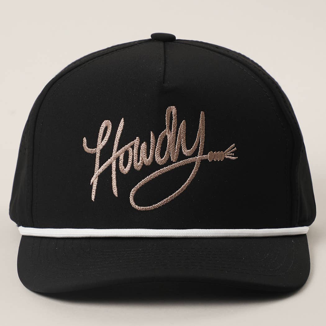 Howdy embroidered premium rope strap trucker hat embroidery detail