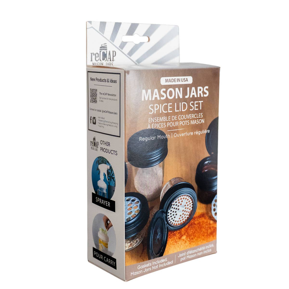 reCAP mason jar spice lid set on jars with spices