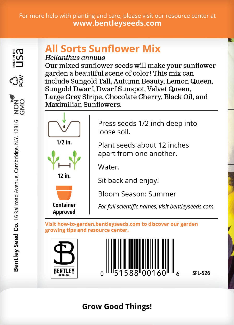 Sunflower All Sorts Mix seed packet back with instructions