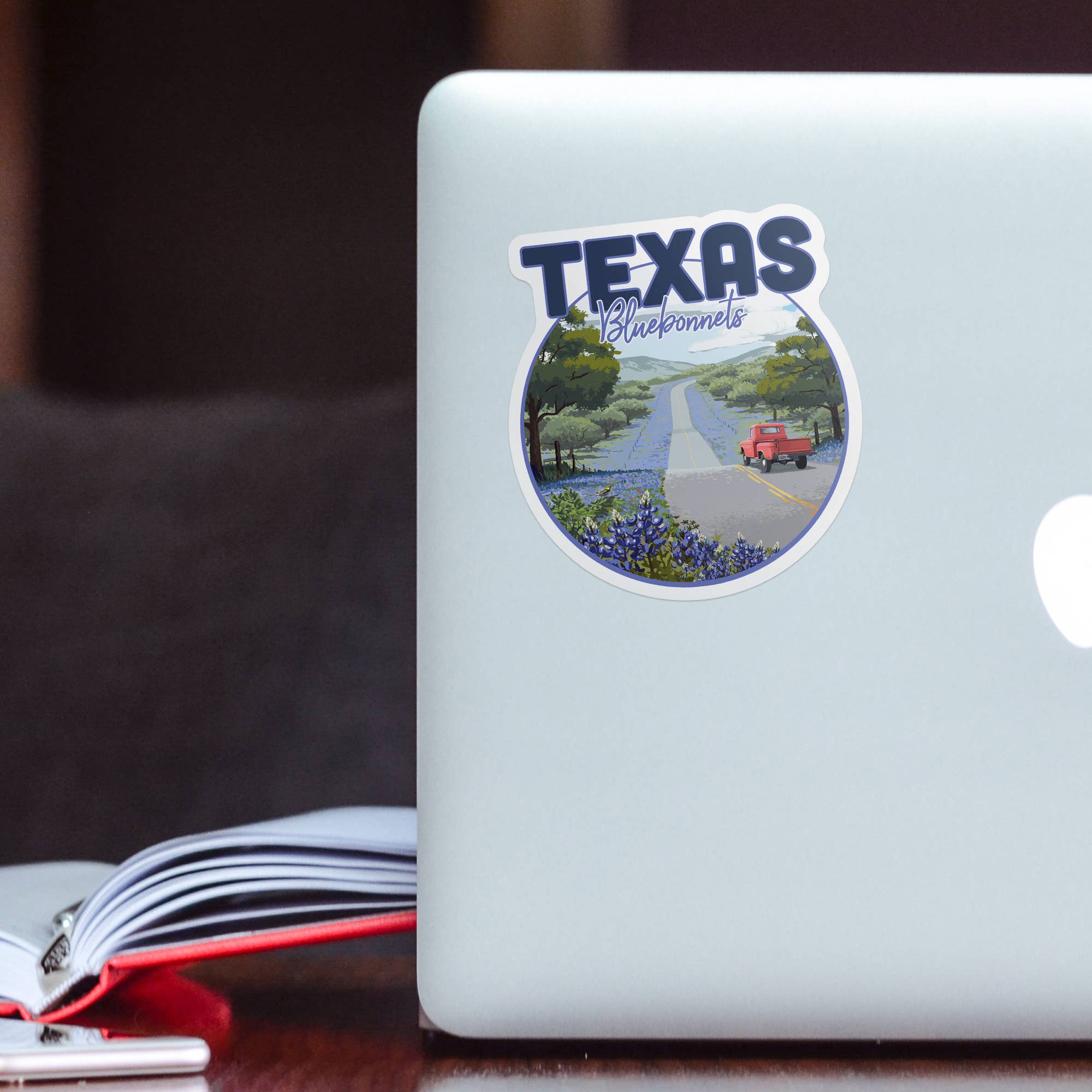 DIE CUT STICKER Texas, Bluebonnets & Highway, Circle