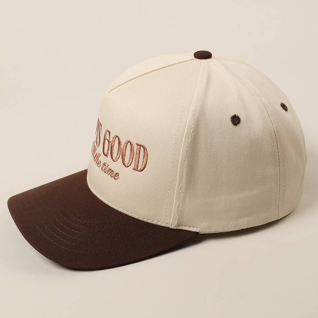 God Is Good All The Time embroidery trucker hat closeup