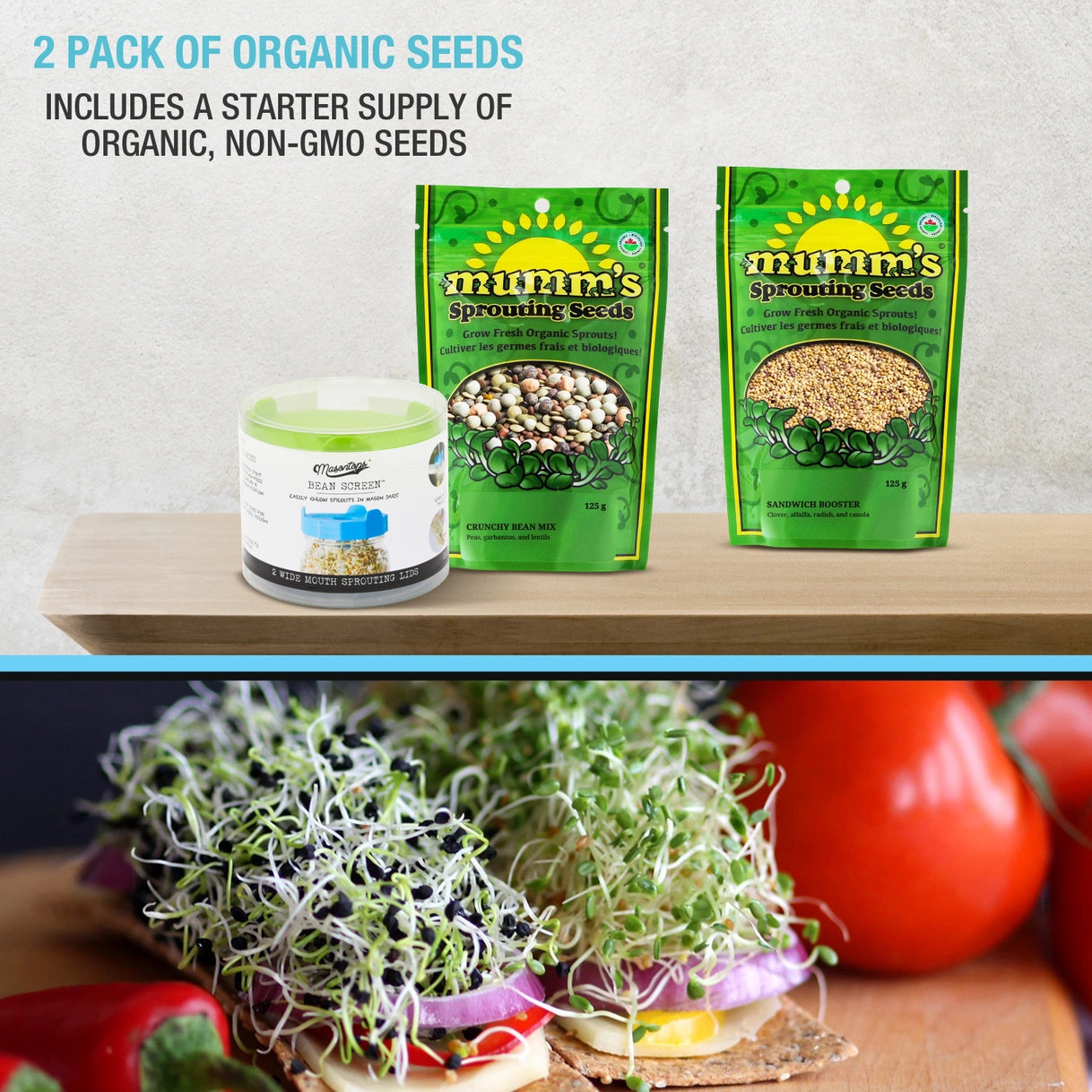 Masontops - Wide Mouth Bean Sprouting Set with Jar, Seeds and Lid