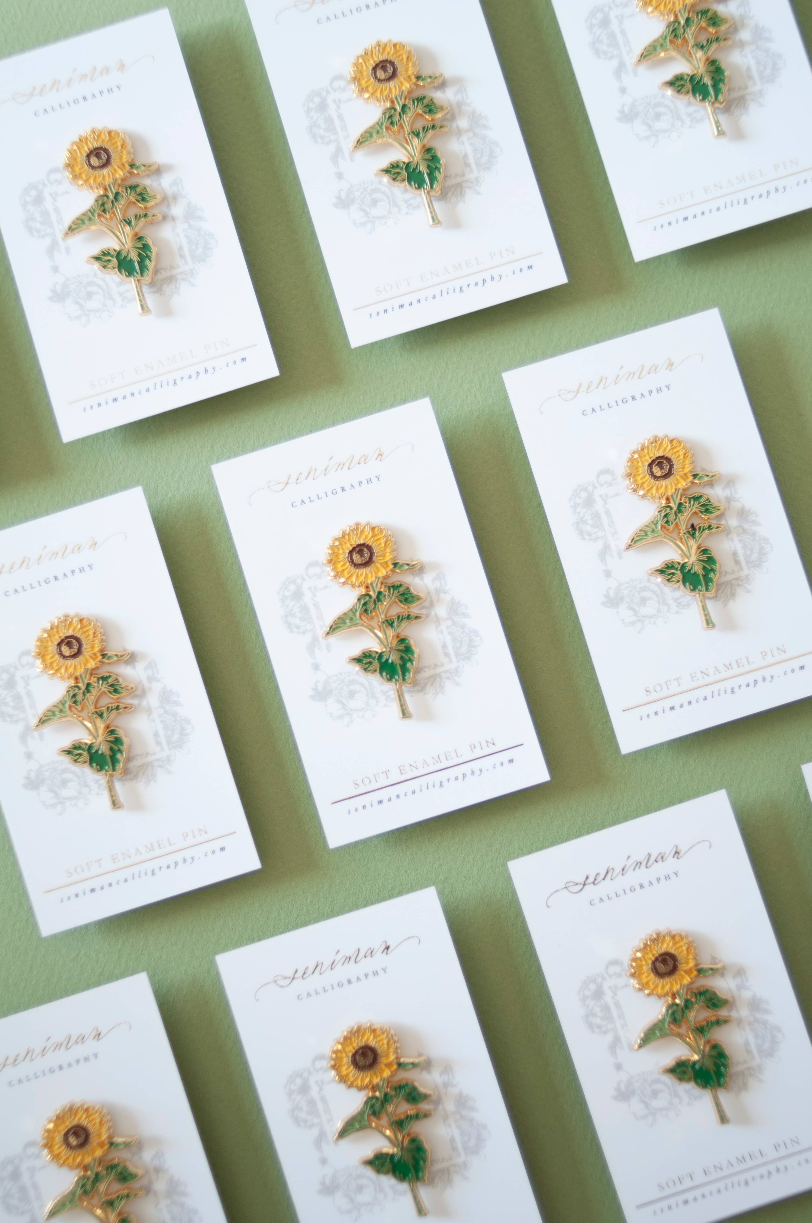 Sunflower enamel pin close-up detail view