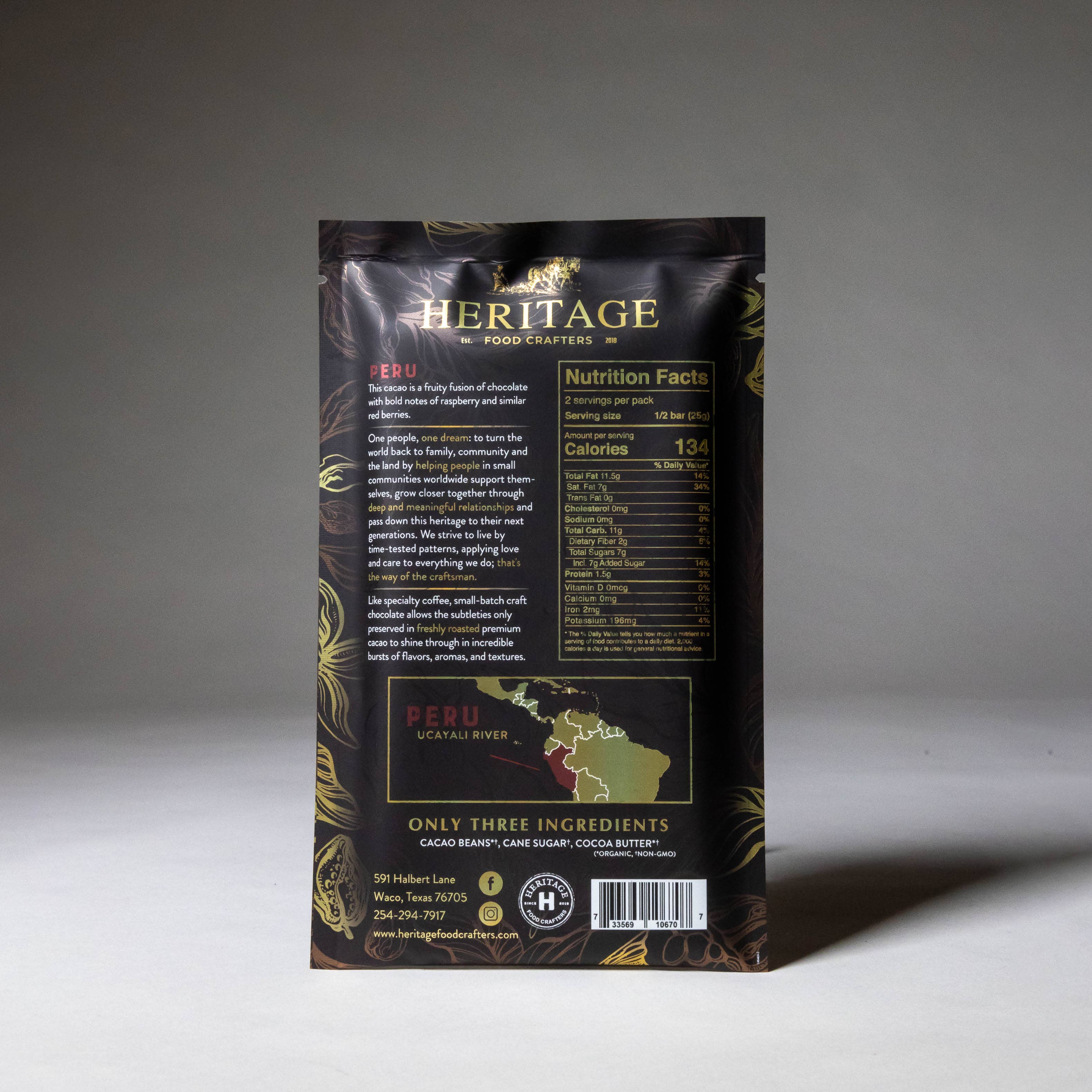 72% Peru Dark 50g craft chocolate bar ingredients