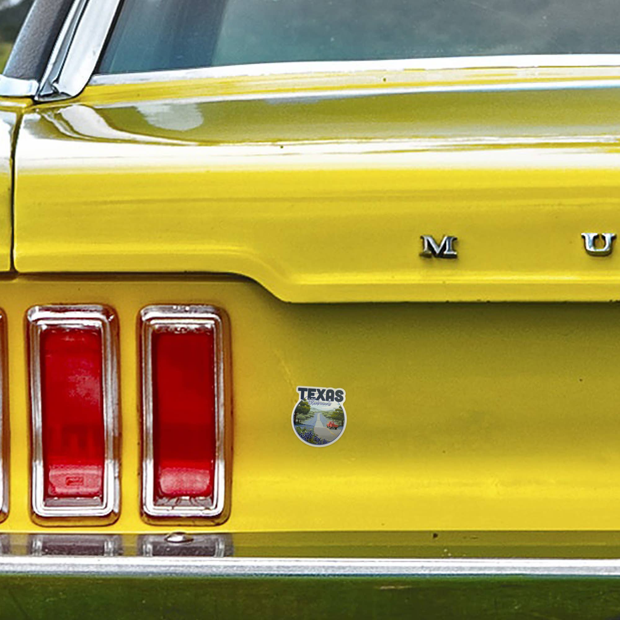 DIE CUT STICKER Texas, Bluebonnets & Highway, Circle