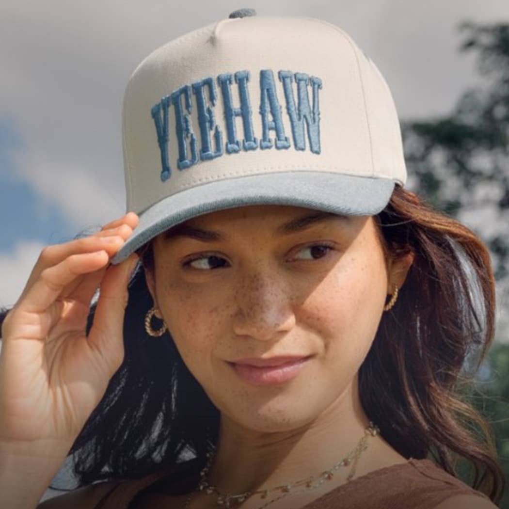 YEEHAW two-tone embroidered trucker hat flat lay