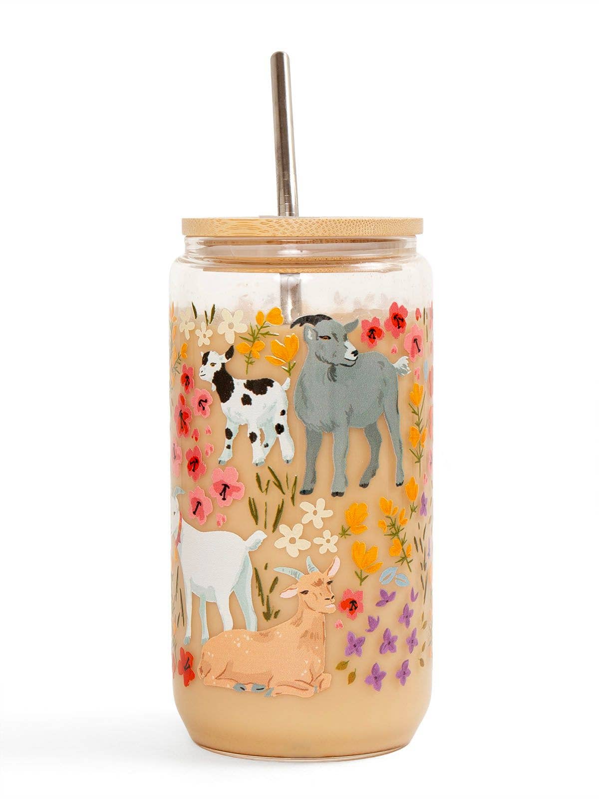 Goats and flowers glass can showing opposite side design