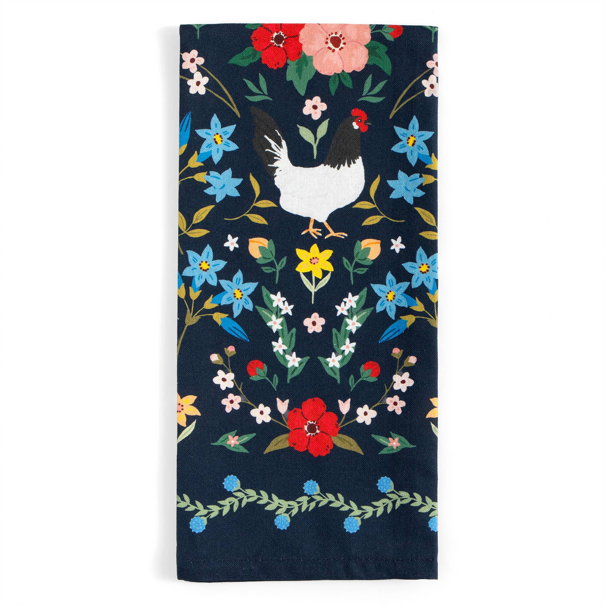 Chickens Folk Floral Tea Towel with hen and flower design