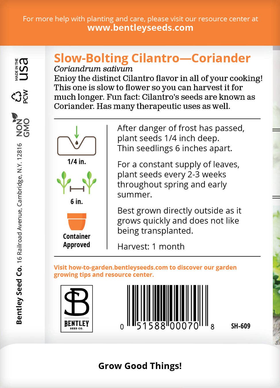 Slow Bolting Cilantro seed packet back with instructions