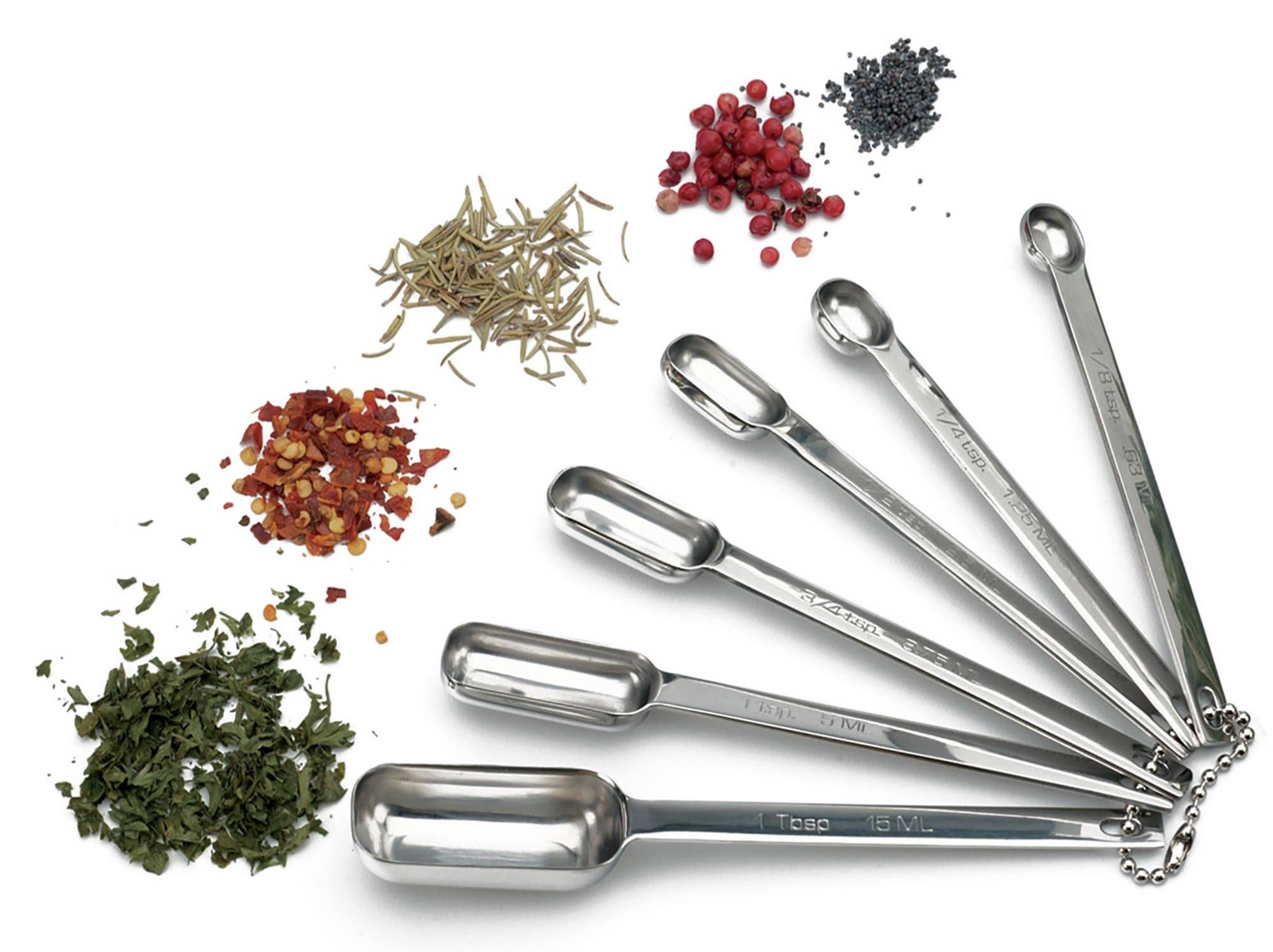 Spice measuring spoon set showing engraved measurements