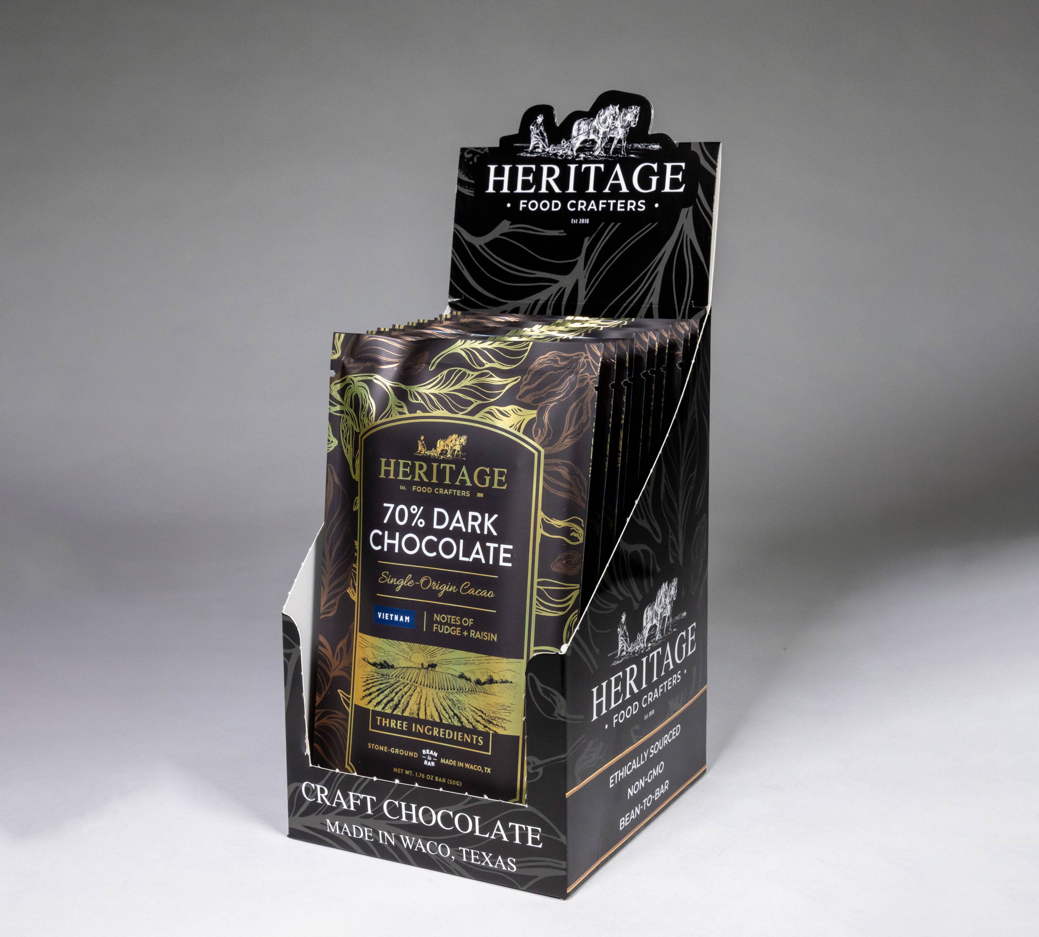 70% Vietnam Dark chocolate bar unwrapped showing texture
