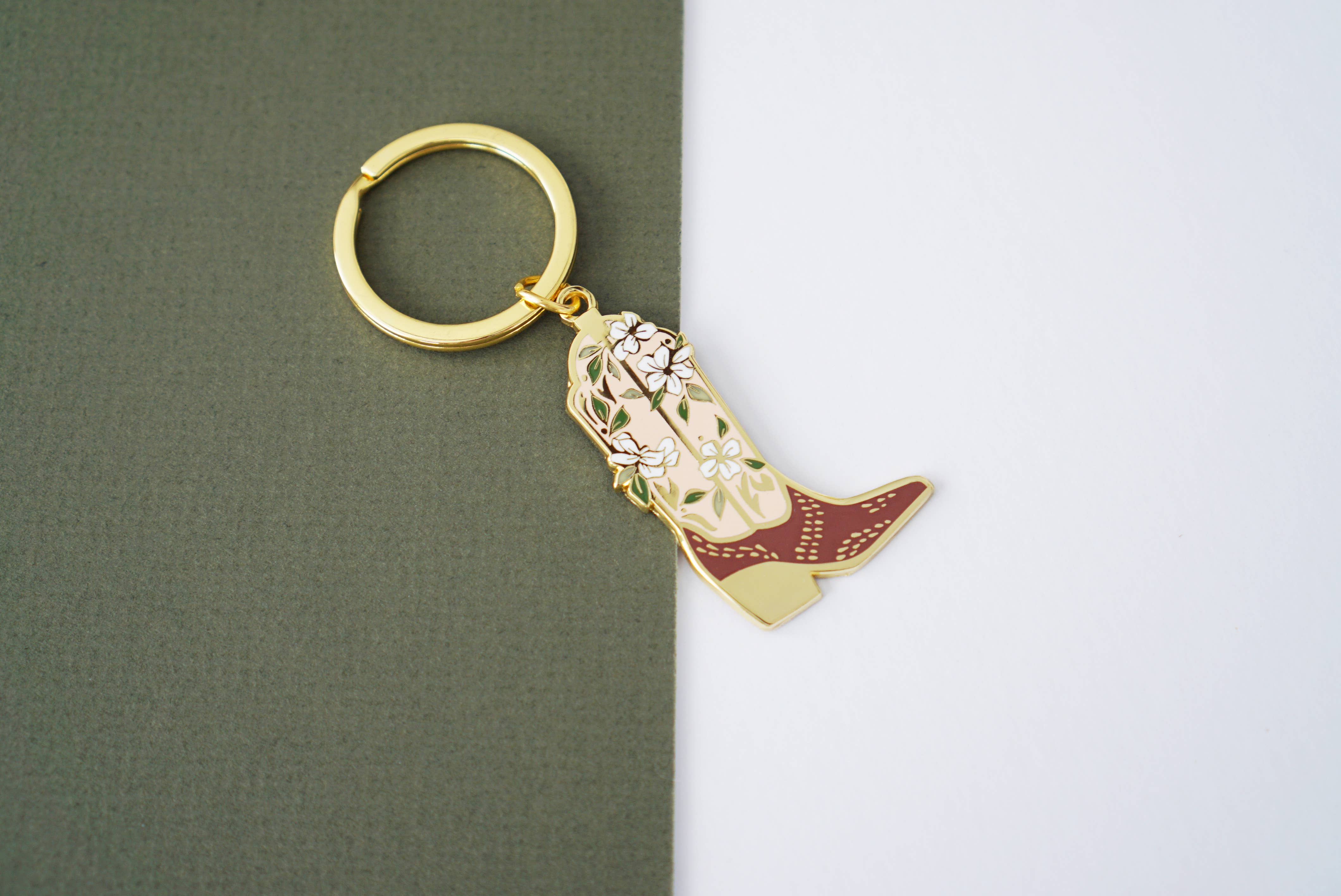 Western cowboy boot floral gold enamel keychain