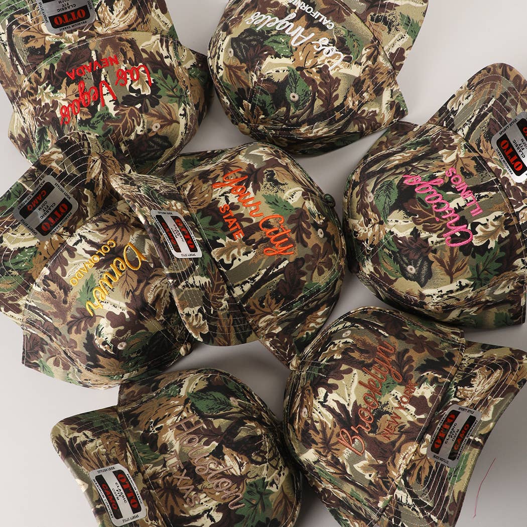 Custom camo hat with embroidered city and state text