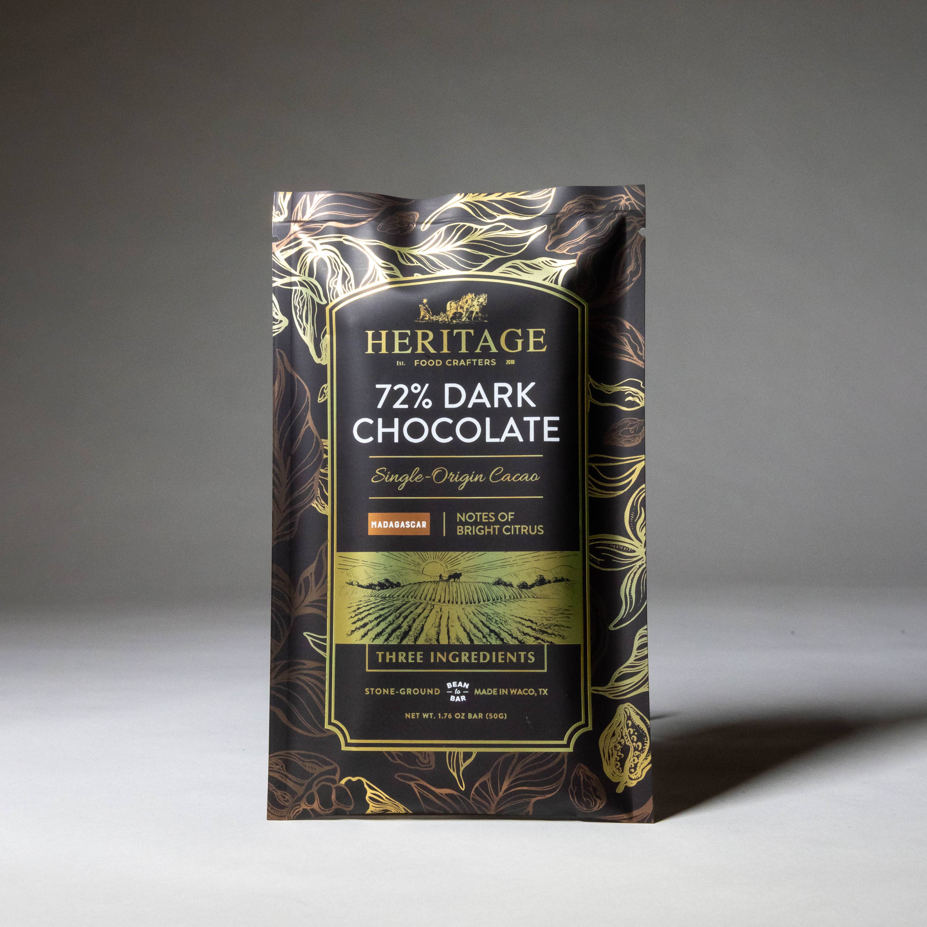 72% Madagascar Dark 50g craft chocolate bar detail view