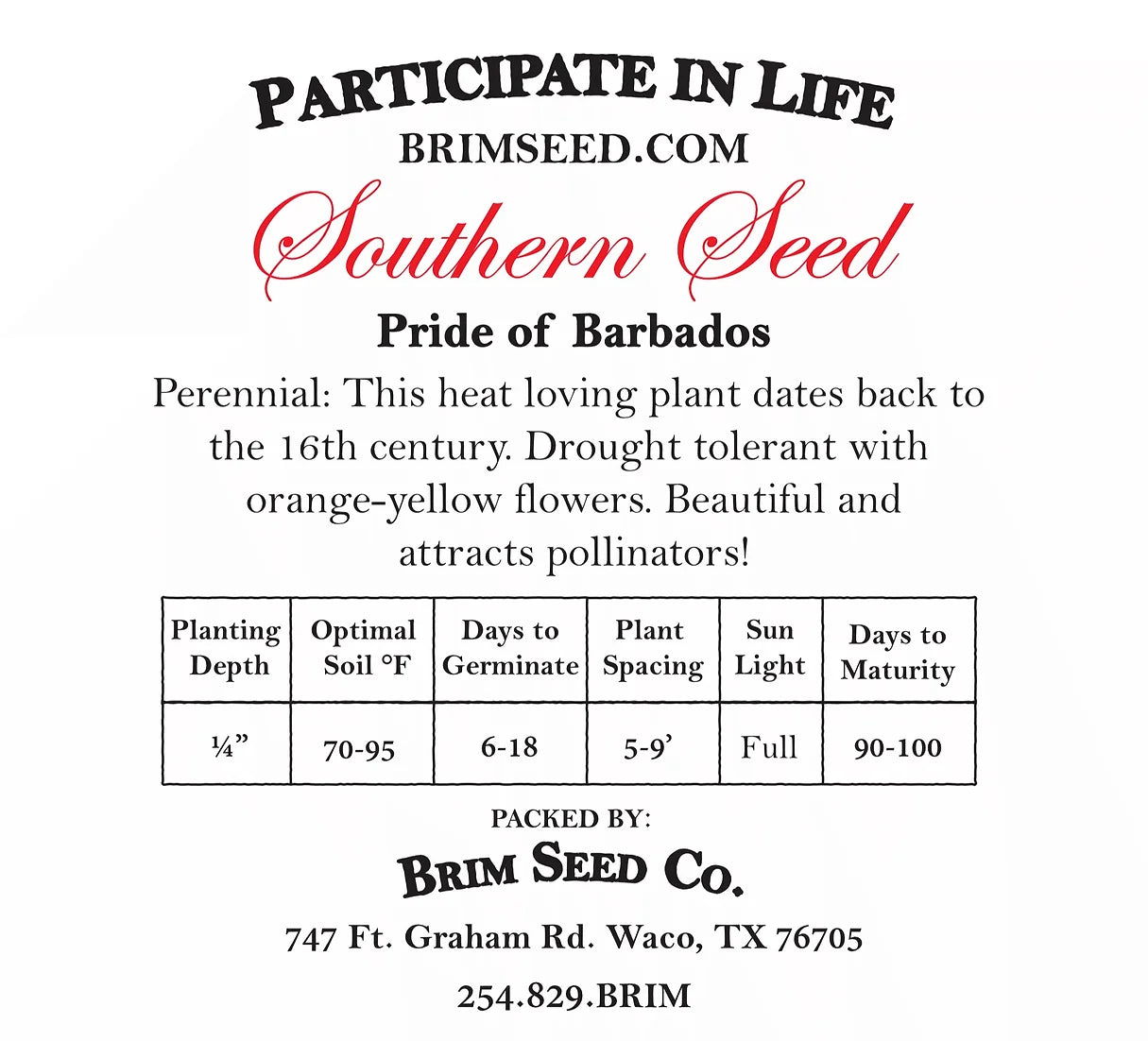 Brim Seed Co. - Southern Acclimated Pride Of Barbados Flower Heirloom Seed