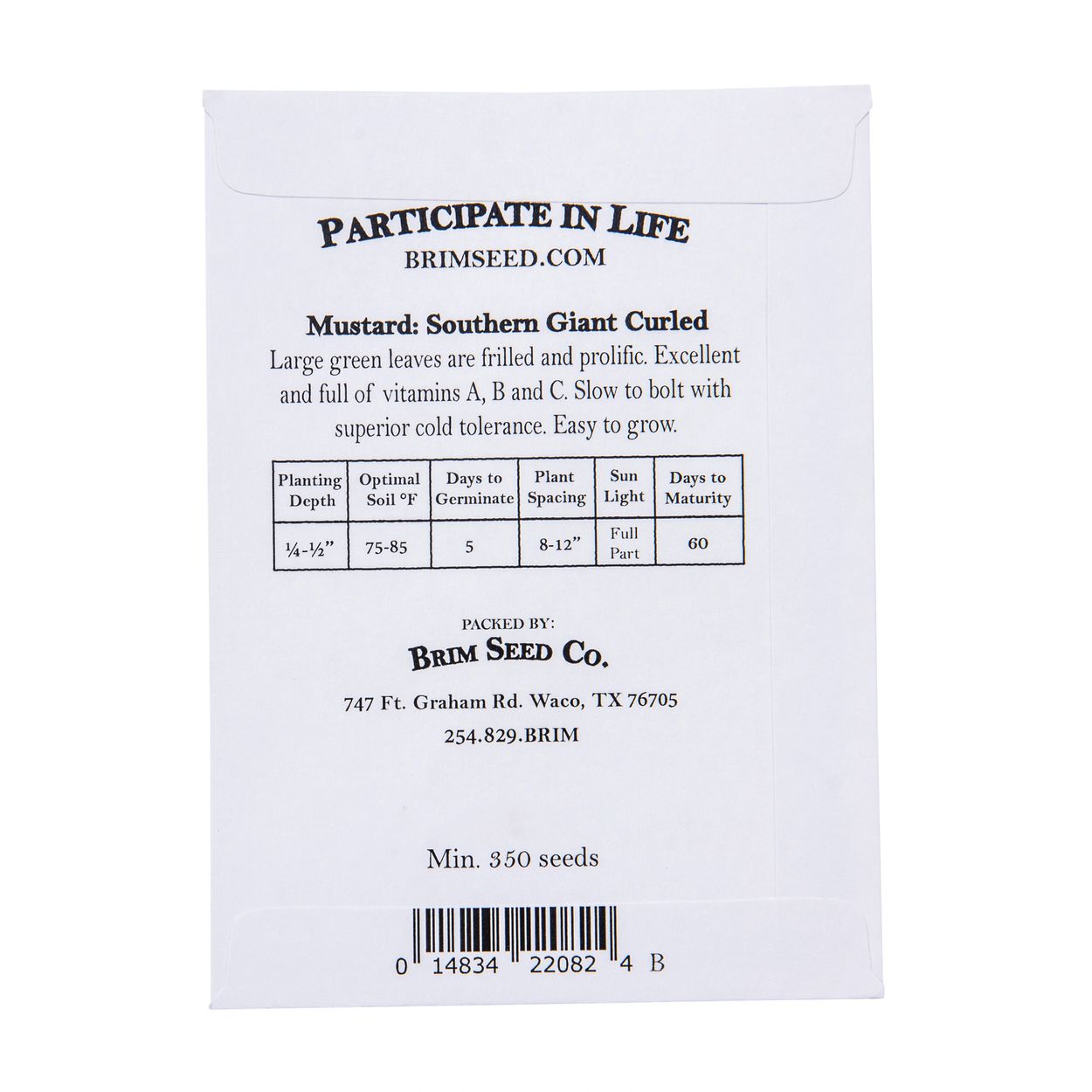 Brim Seed Co. - Southern Giant Curled Mustard Greens Heirloom Seed