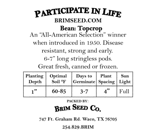 Brim Seed Co. - Topcrop Bean Heirloom Seed