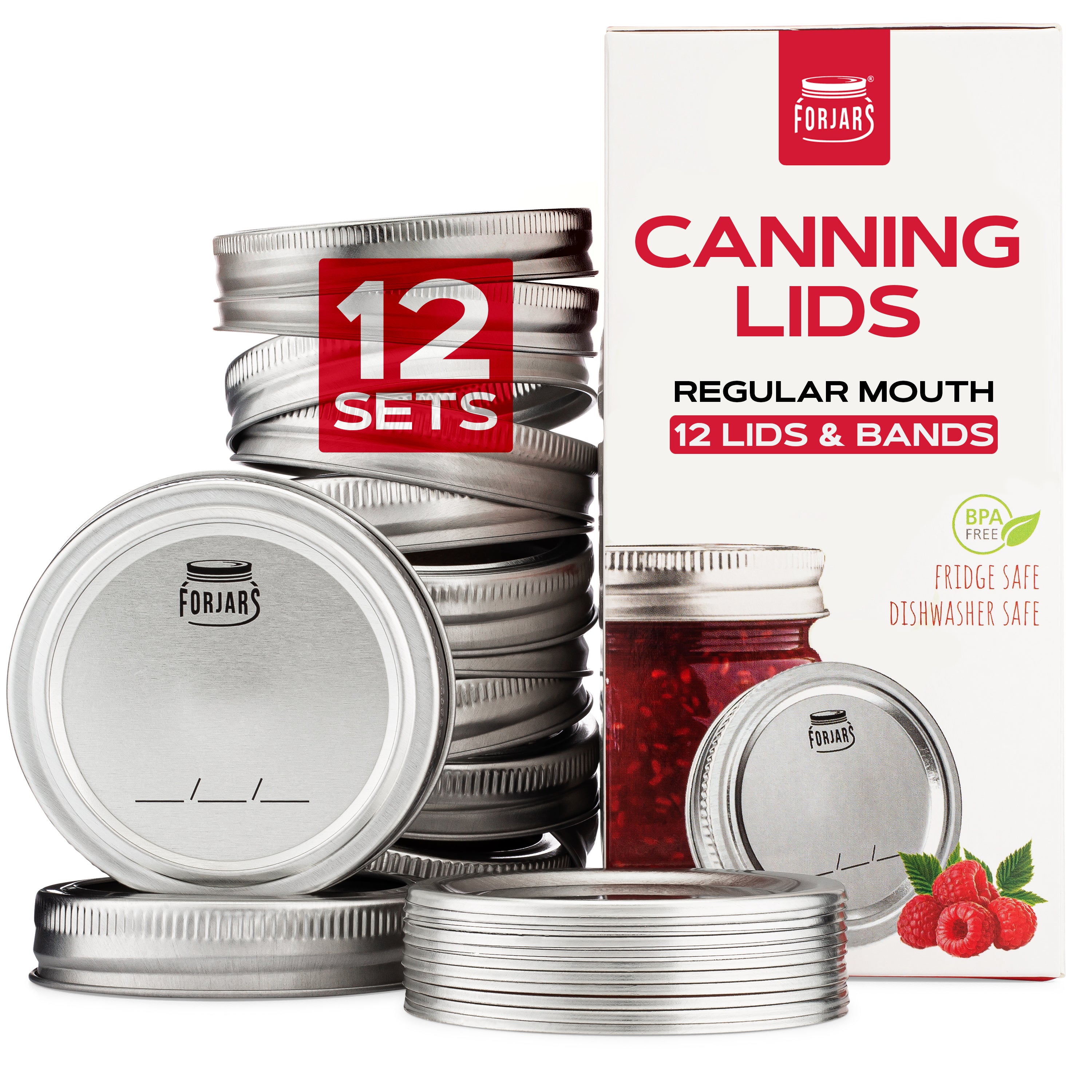 ForJars - 12pack Regular Mouth Canning Lids + 12 Bands