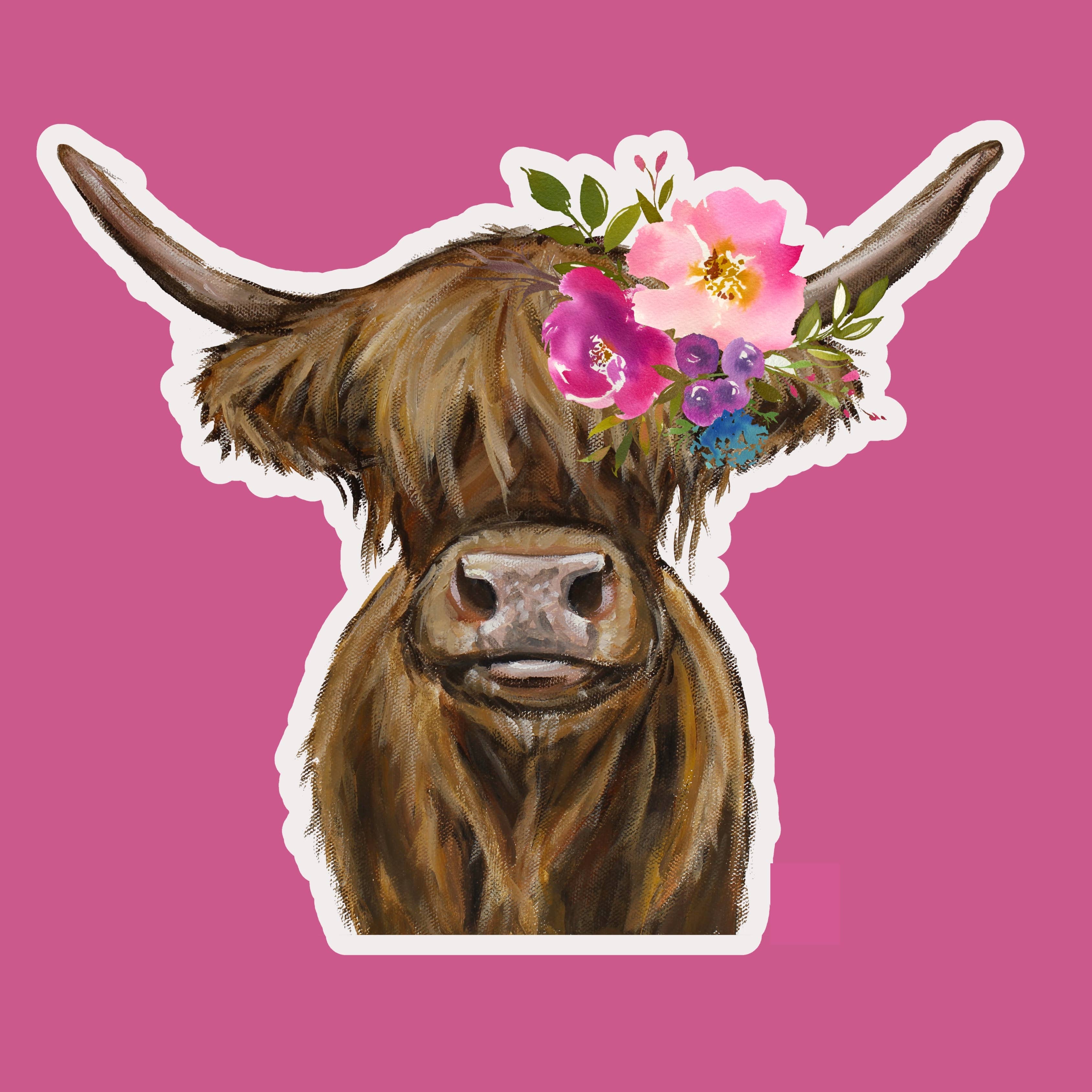 Bright Flower Blooms Highland Cow Sticker, 4"